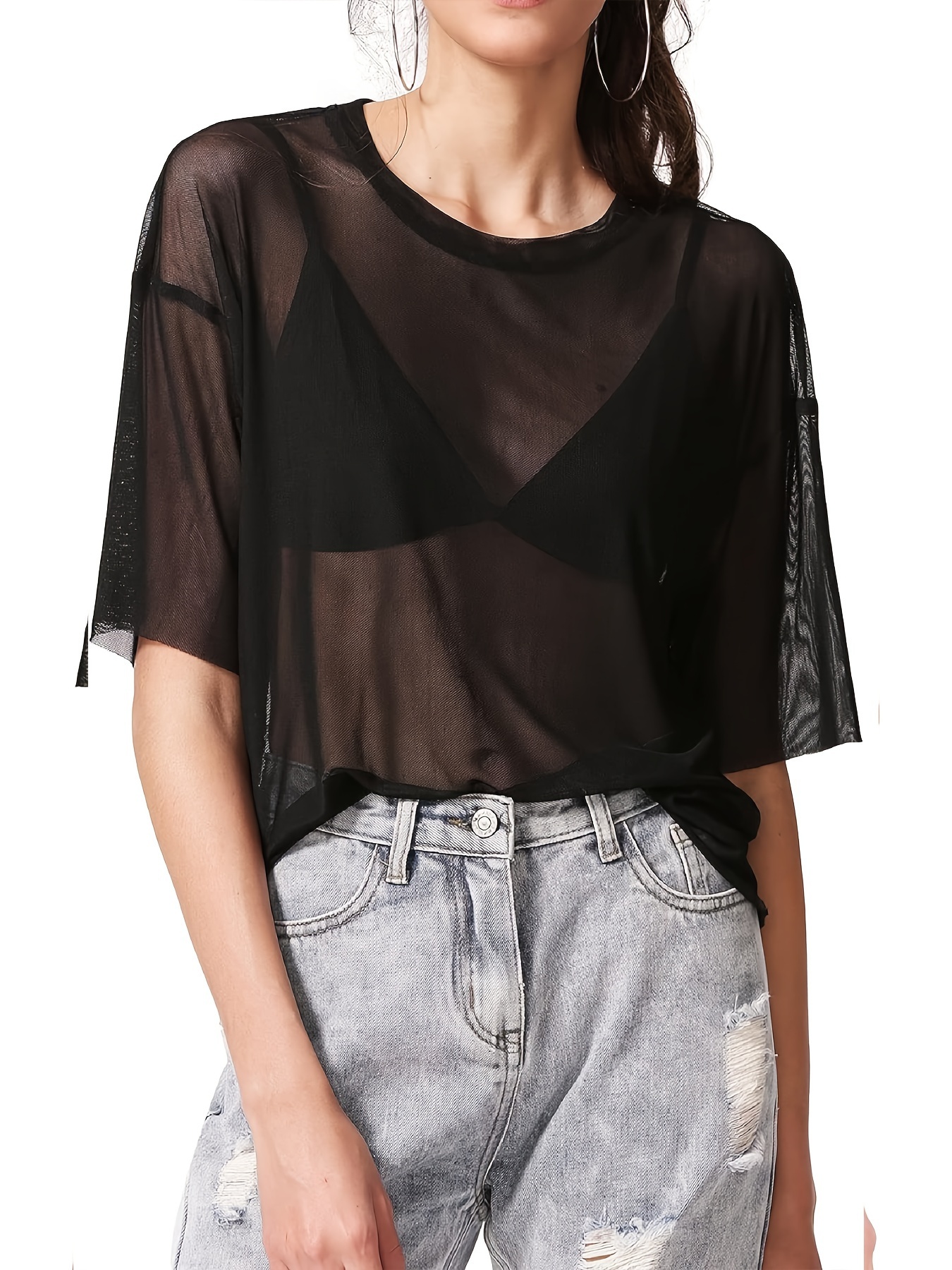 Sheer Mesh Sexy Crop Top Without Bra, Short Sleeve Casual Every Day Top For  Summer, Women's Clothing