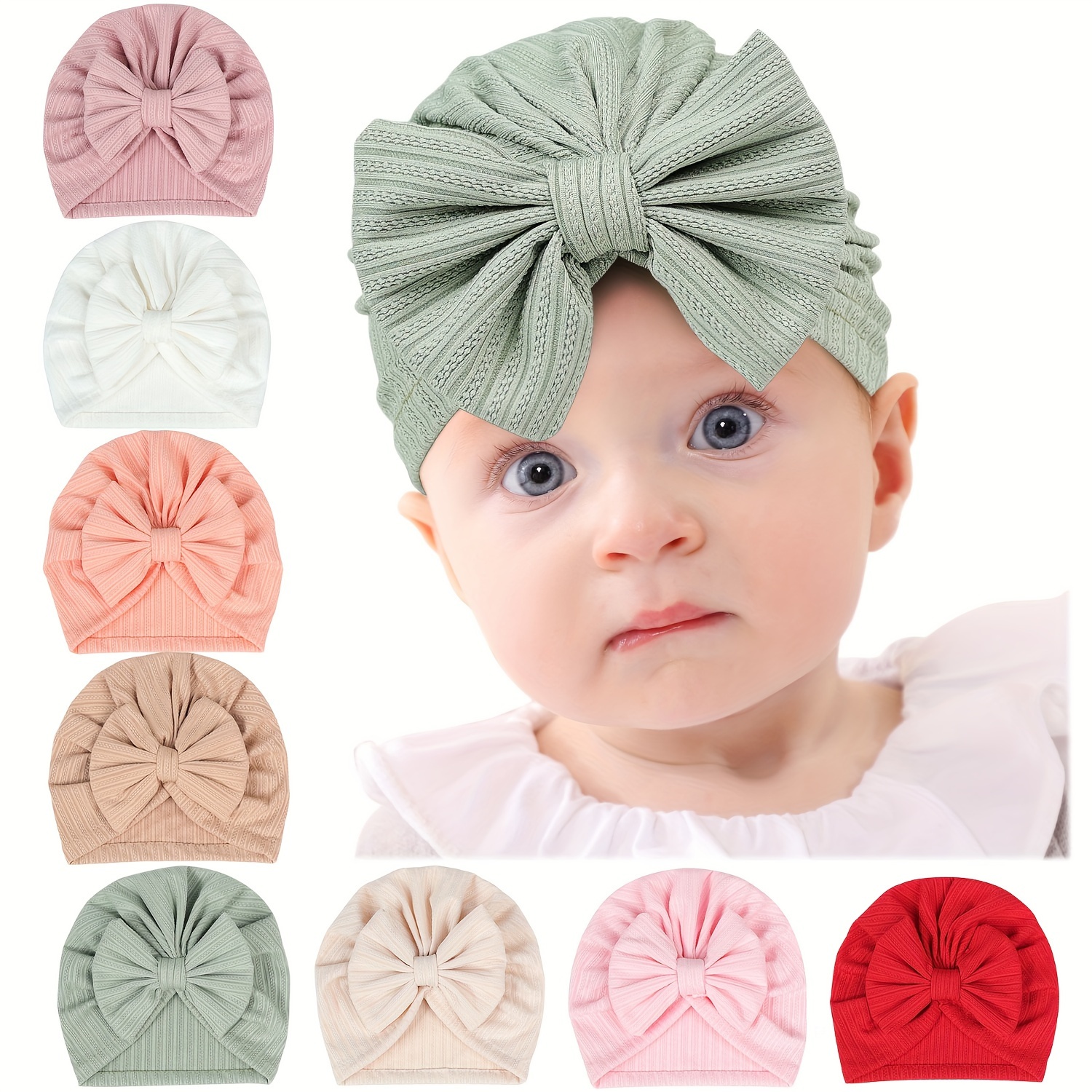 

1 bonnet pour bébé bordure, avec un design tricoté extensible sur côtés et un nœud, adapté aux nourrissons de 0 à 8 mois.