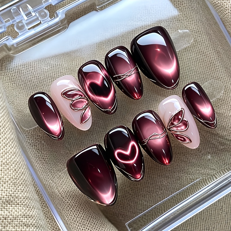 TEMU 10pcs Wine Red Cat-eye Almond Press-on Nails, Dark Burgundy Fake Nails With Glowing Cat-eye Heart Metallic Silvery Wire Bow Accents, Glossy