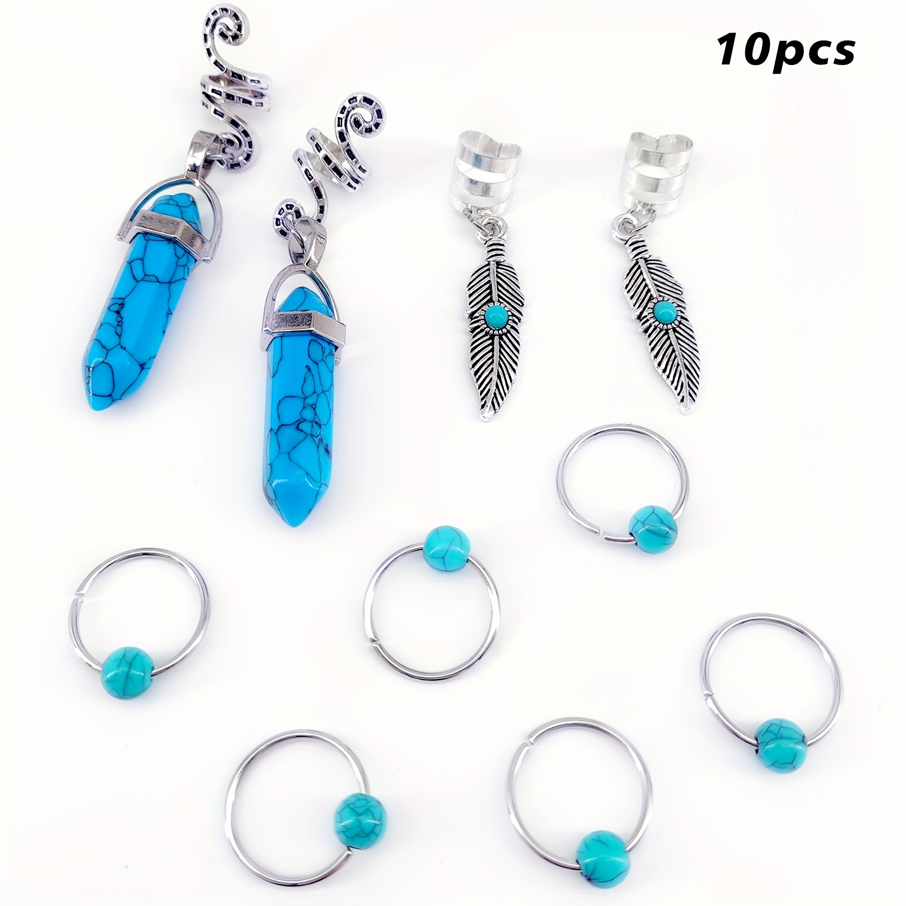Image of 10pcs Boho Style Turquoise Hair Jewelry For Braids Additions Loc Hair Dreadlocks Adjustable Hair Rings Hair Cuff Hair Charms Braid Jewelry Hair Beads Decorations For Men Women For Party Date