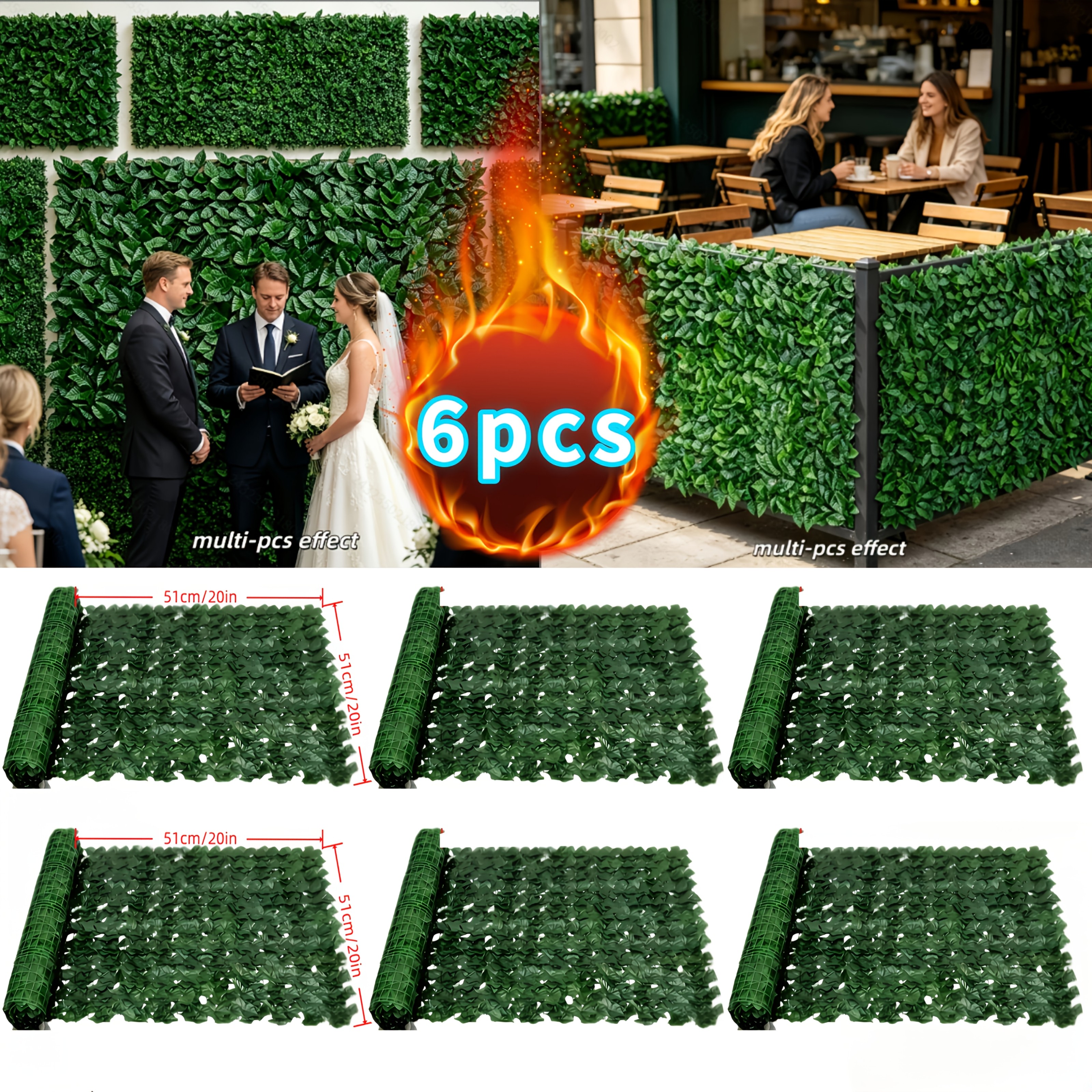 TEMU 6pcs Set Of 120-inch Artificial Green Foliage Fence Panels, Weather-resistant Plastic Material, Outdoor Privacy Decorative Wall Blocks With