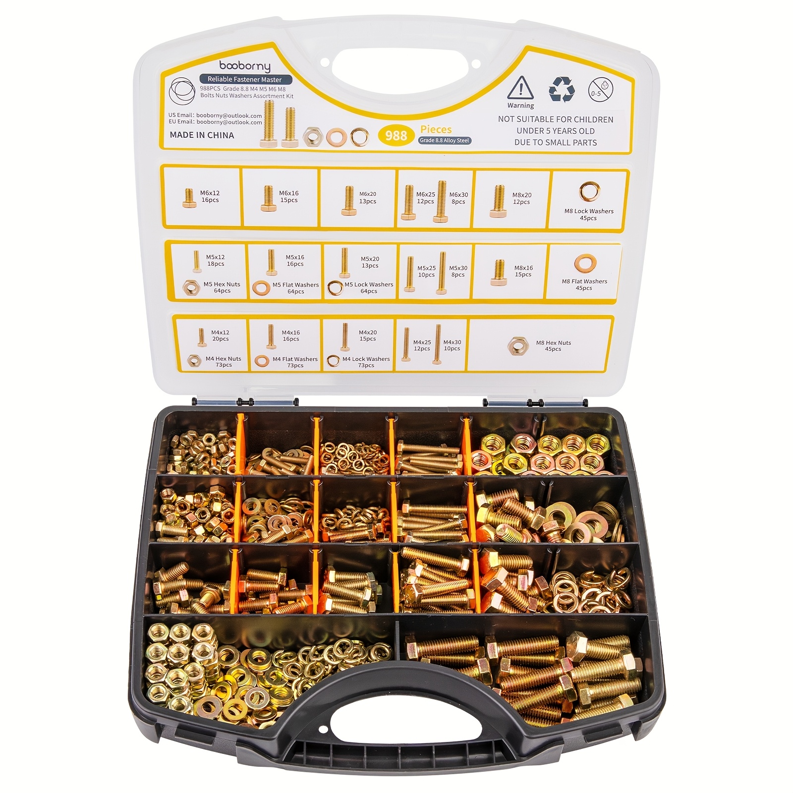 TEMU 988pcs Metric Assortment, M4 M5 M6 M8 Heavy Duty Bolts And Nuts Kit, Yellow Plated, Length From 12-30mm
