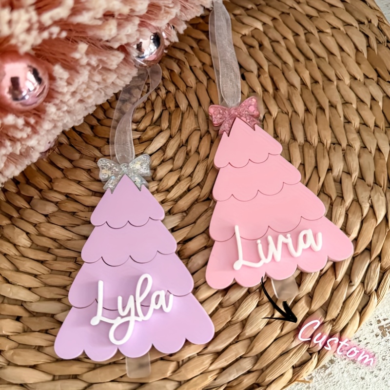 TEMU 1 Custom Acrylic Nameplate Pendant, A Cute Christmas Tree-shaped Ornament, Featuring A Bow Element, Perfect For Christmas Gifts, In Colors