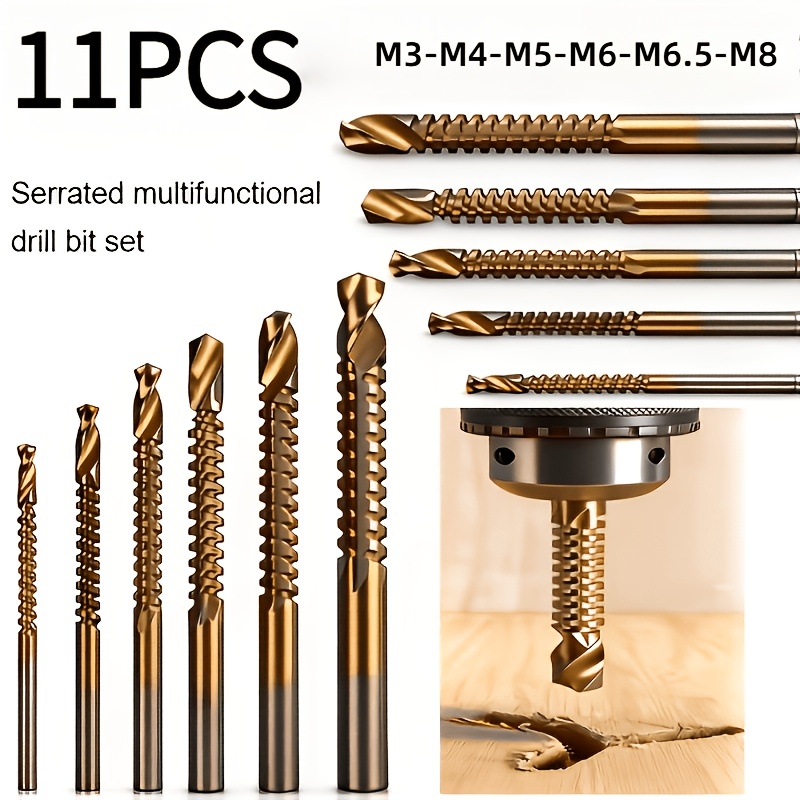 TEMU Ensemble de 11 forets dentelés en acier rapide revêtus de titane, comprenant les modèles M3-M8, outil 3-en-1 pour percer, couper et rainurer,