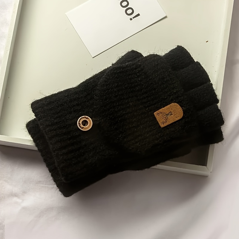 TEMU 1pc 1pcs Men's Winter Gloves - Thick Warm Acrylic Half-finger Flip Knit Gloves With Button Closure, Minimalist Suitable For Outdoor Skiing, Snowboarding, Ice Skating & Weather Activities
