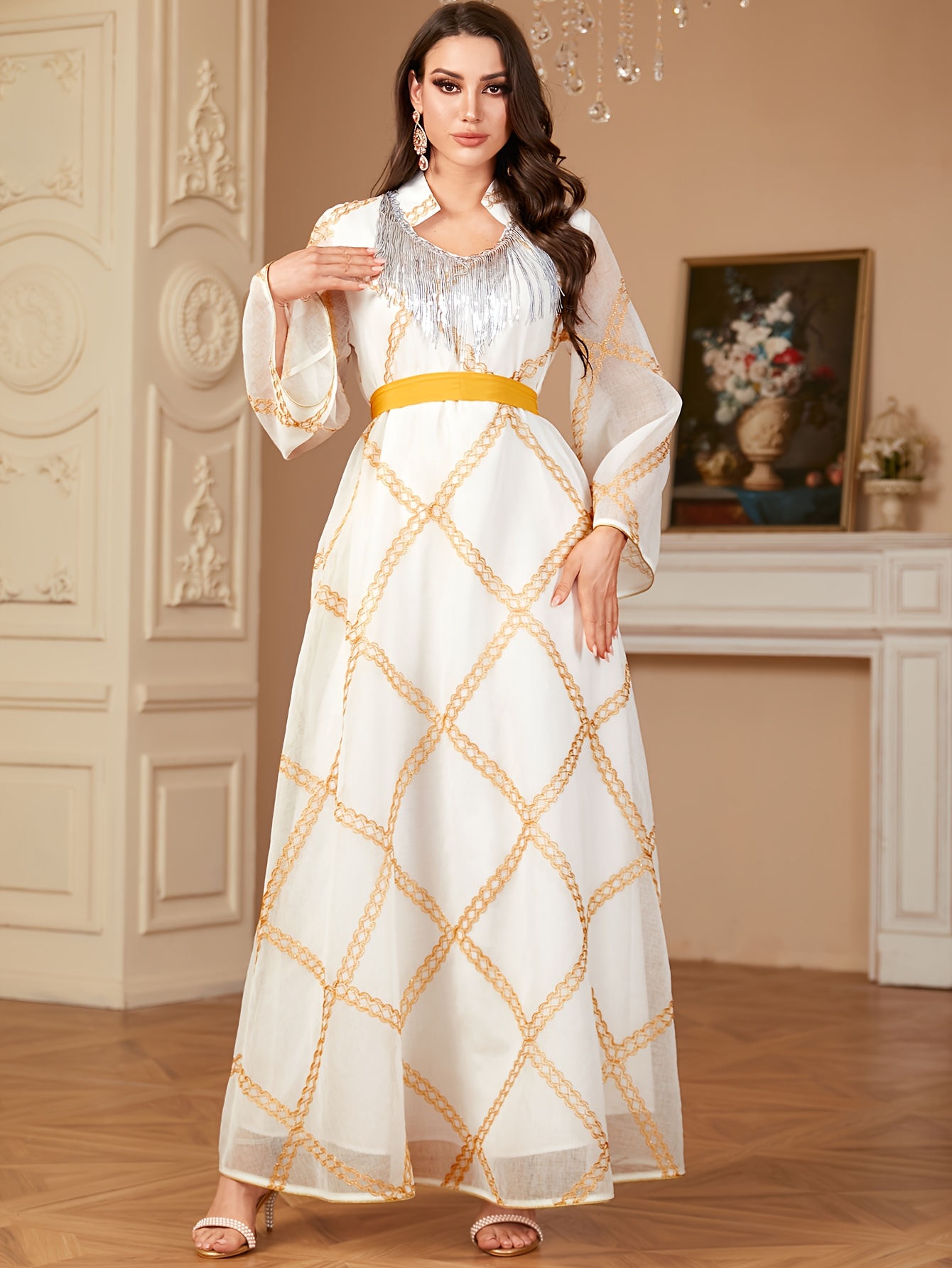 fashionable embroidered stand collar sequined tassel long - Temu Germany
