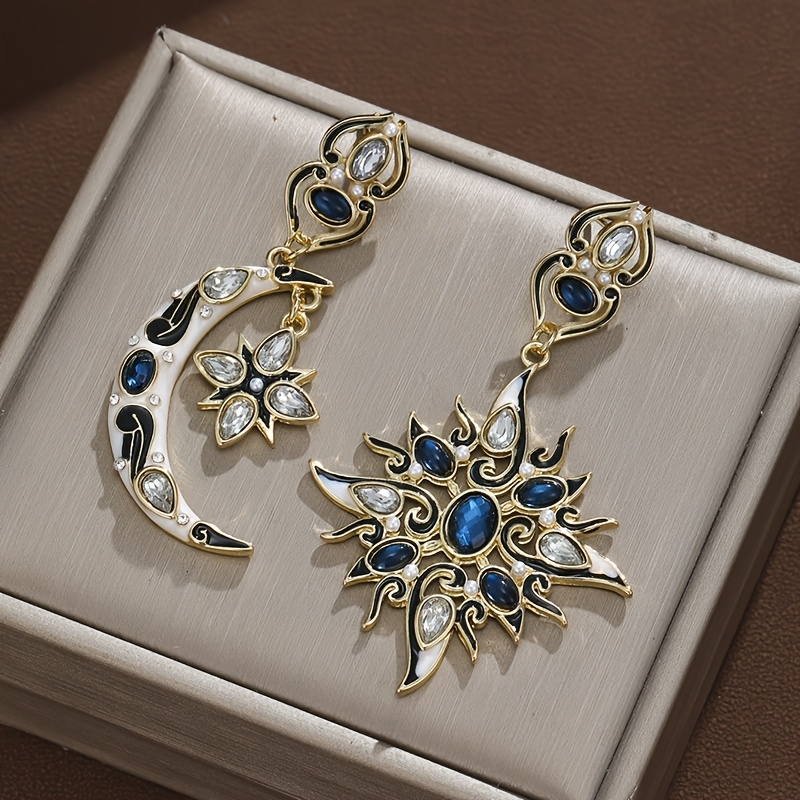 TEMU ["Boucles d'oreilles Lune Gothique] Boucles d'oreilles Bohèmes Gothiques Croissant & Étoile - Inspiration Vintage, Mosaïque, Alliage de Cuivre,