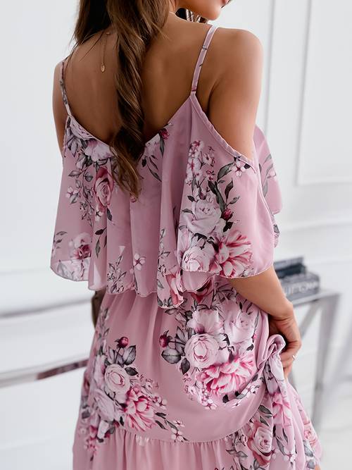 damen sommer blumenmuster off-shoulder chiffon kurzkleid, rüschen -fit trägerkleid, bohemian style urlaubs strandkleid, süße alltagskleidung