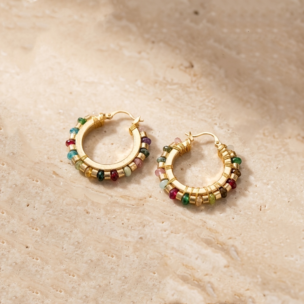 Women's Multicolor Bead Tassel Wrapped Golden Hoop Earrings