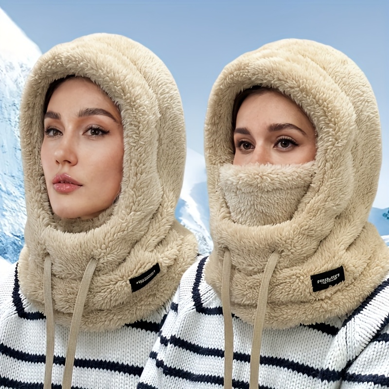 Women's Plush Winter Mask Hat & Scarf - One-Piece Face Cover with Adjustable Drawstring, Elastic Face for Skiing, Cycling, Outdoor Sports - Lightweight Warm Beige/White Hooded Neck Warmer (Hand Wash Only)