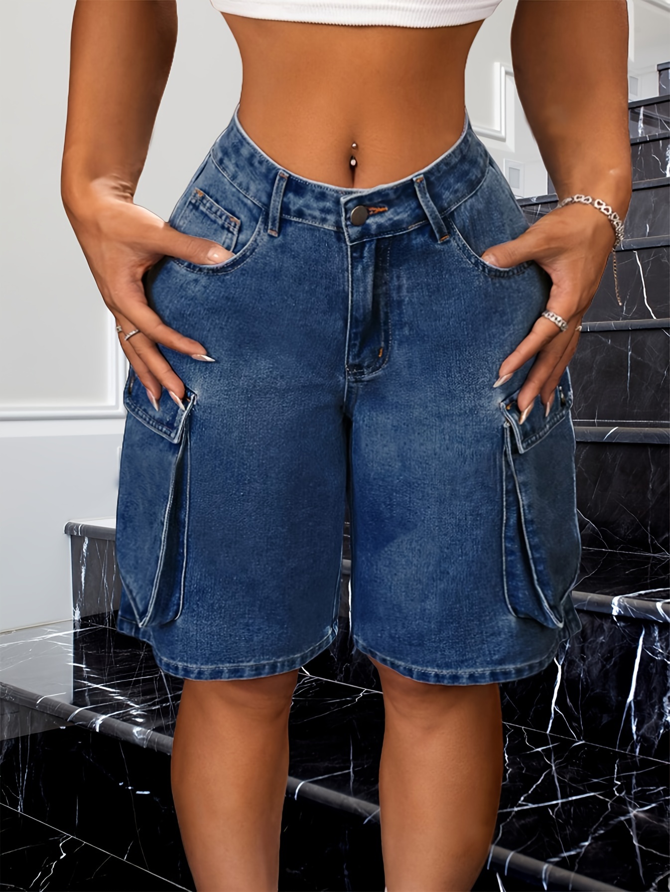 Women's Casual Denim Cargo Shorts with Flap Pockets - High-Waist, Non-Stretch, Solid Color, Machine Washable, Rayon Blend, Perfect for Spring/Fall