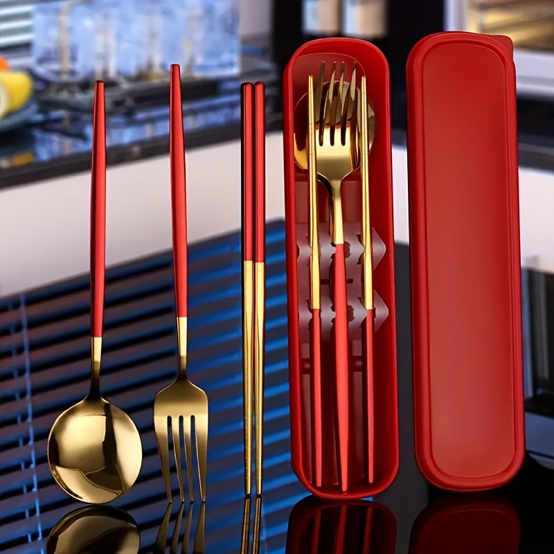 TEMU 4pcs Stainless Steel Portable Cutlery Set With Spoon/fork/chopsticks/storage Box, Ideal For Camping, Picnics, , Office Workers, Student