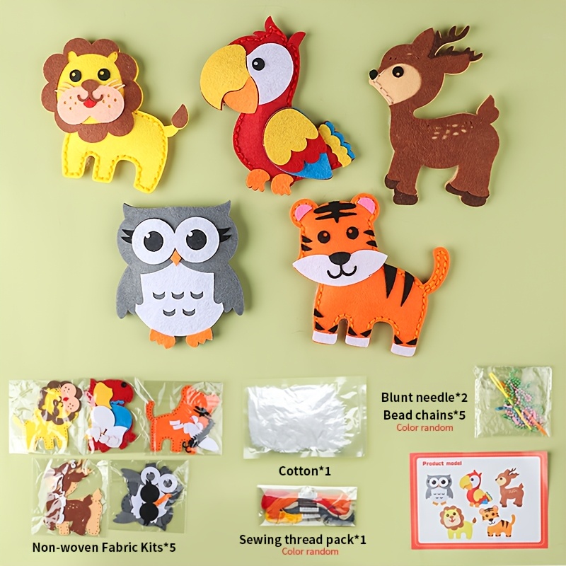 TEMU 5pcs Animal Diy Sewing Kit, Craft Material Set For Kids And Beginners, Felt Materials, Cute Owl And Lion Designs, Used As Backpack Charms,