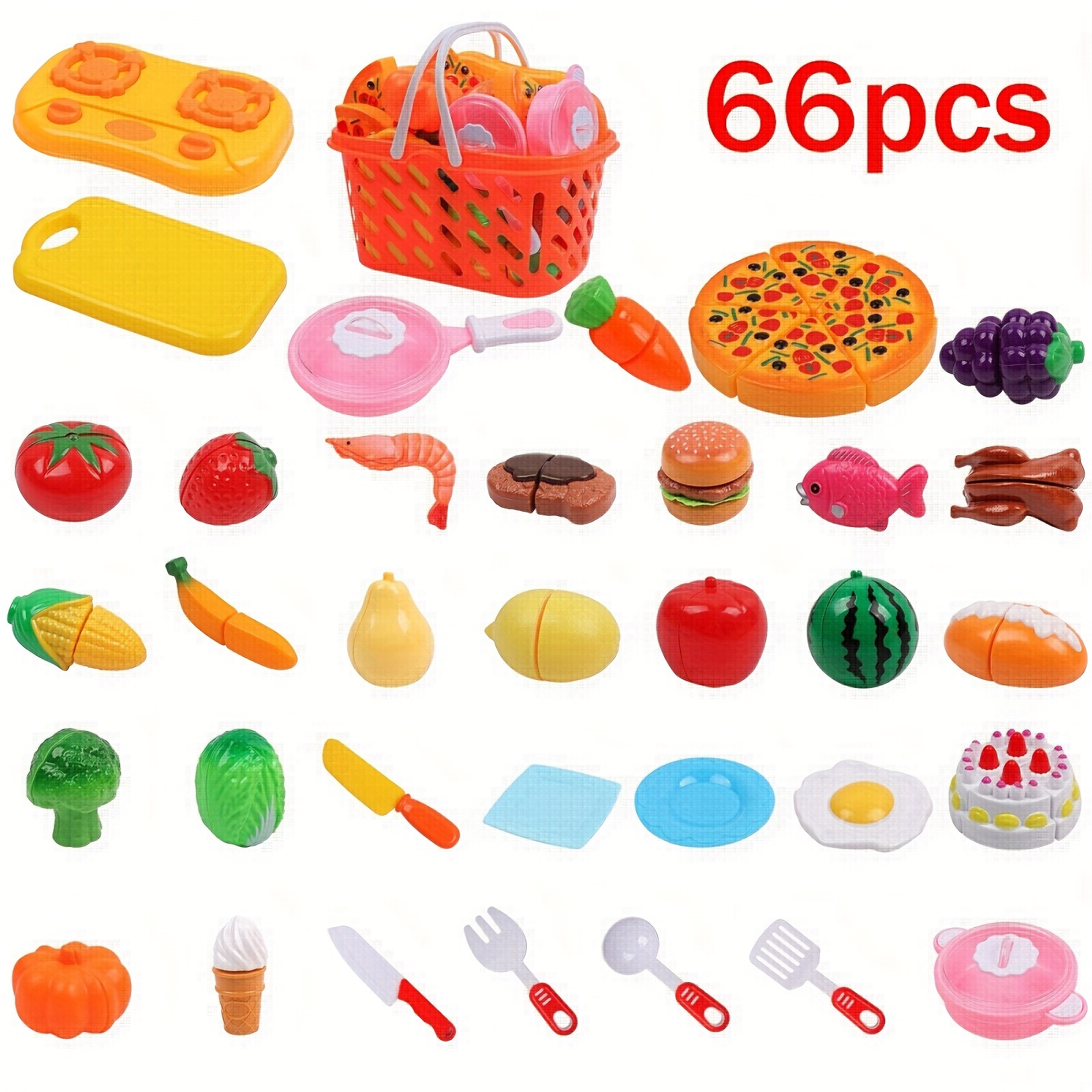 TEMU 66pcs Children Pretend Play Toy Set With Basket Containing Many Fruits, Food, Cutlery, Knives, Plates And Other Kitchen Scene Playsets, Suitable