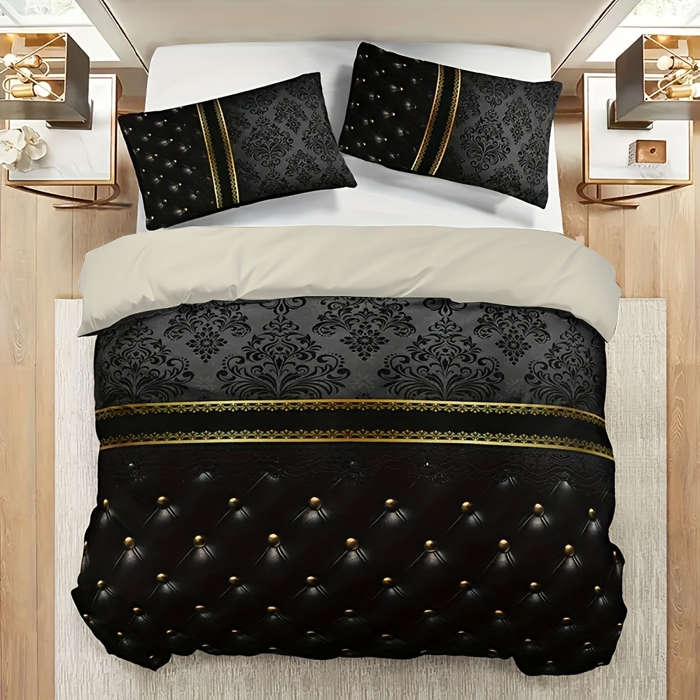 E-shop 3-teiliges Luxus Bettwäsche-Set mit schwarz-goldener Jacquard-Textur aus Kunstleder, 1 Bettbezug und 2 Kissenbezüge (Kissenfüllungen nicht