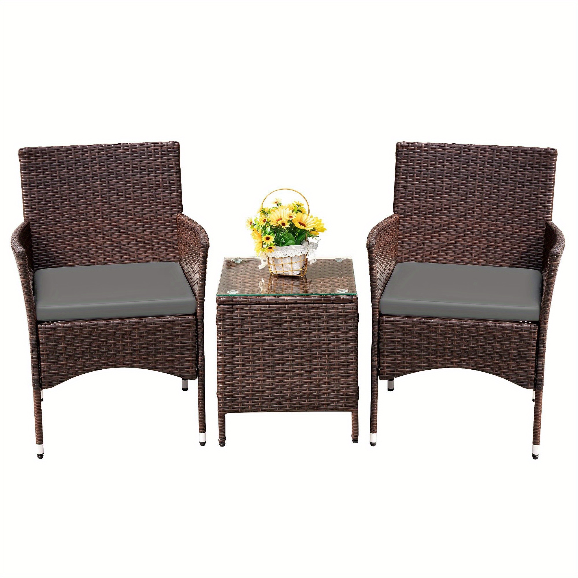 3pcs Rattan Outdoor Patio Set Wicker Conversation Set with Cushion Glass Coffee Table