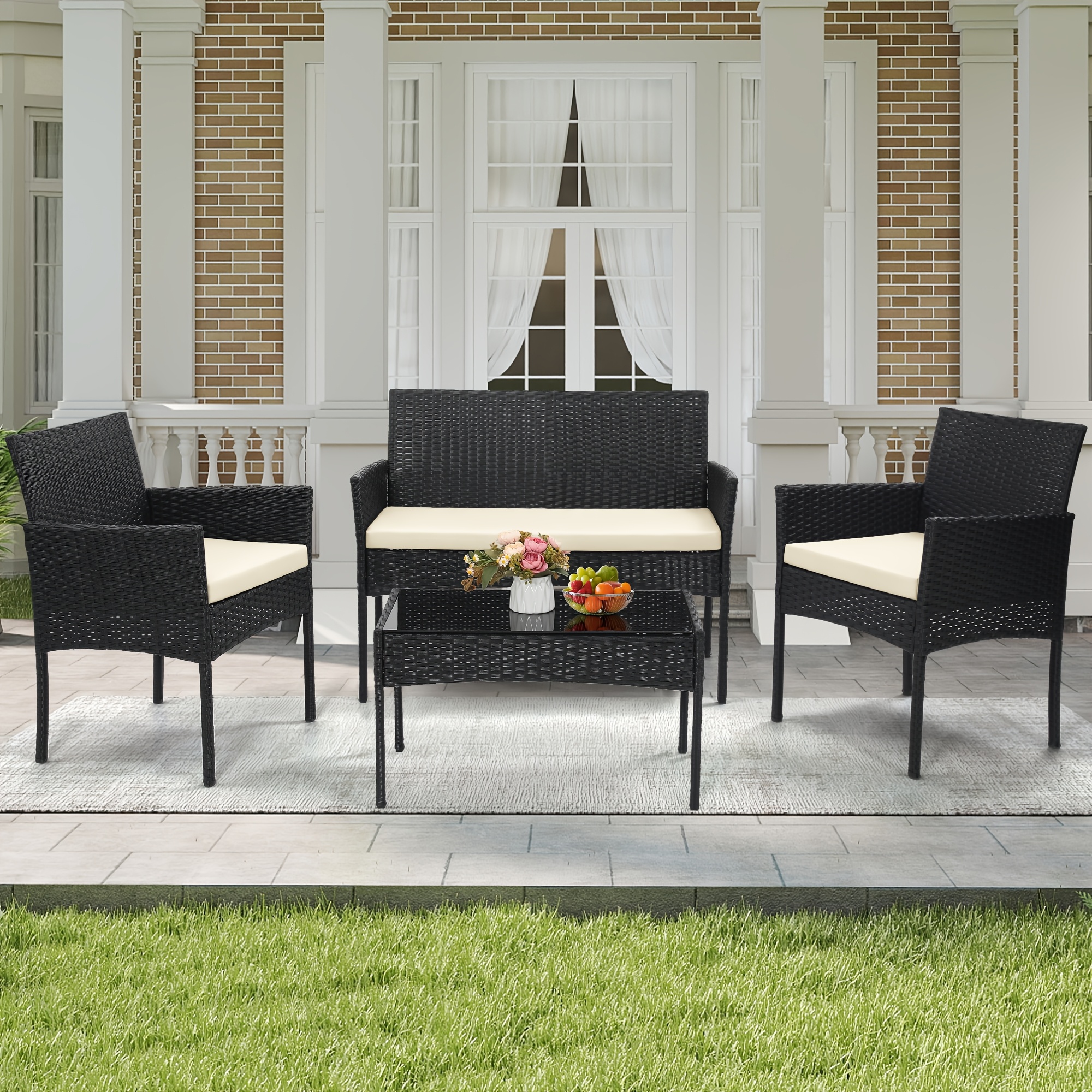 TEMU Krofem 4pcs Wicker Bistro Furniture Set, Includes 2 Chairs With Water Resistant Cushions, Coffee Table, And Comfy Loveseat, Perfect For Any