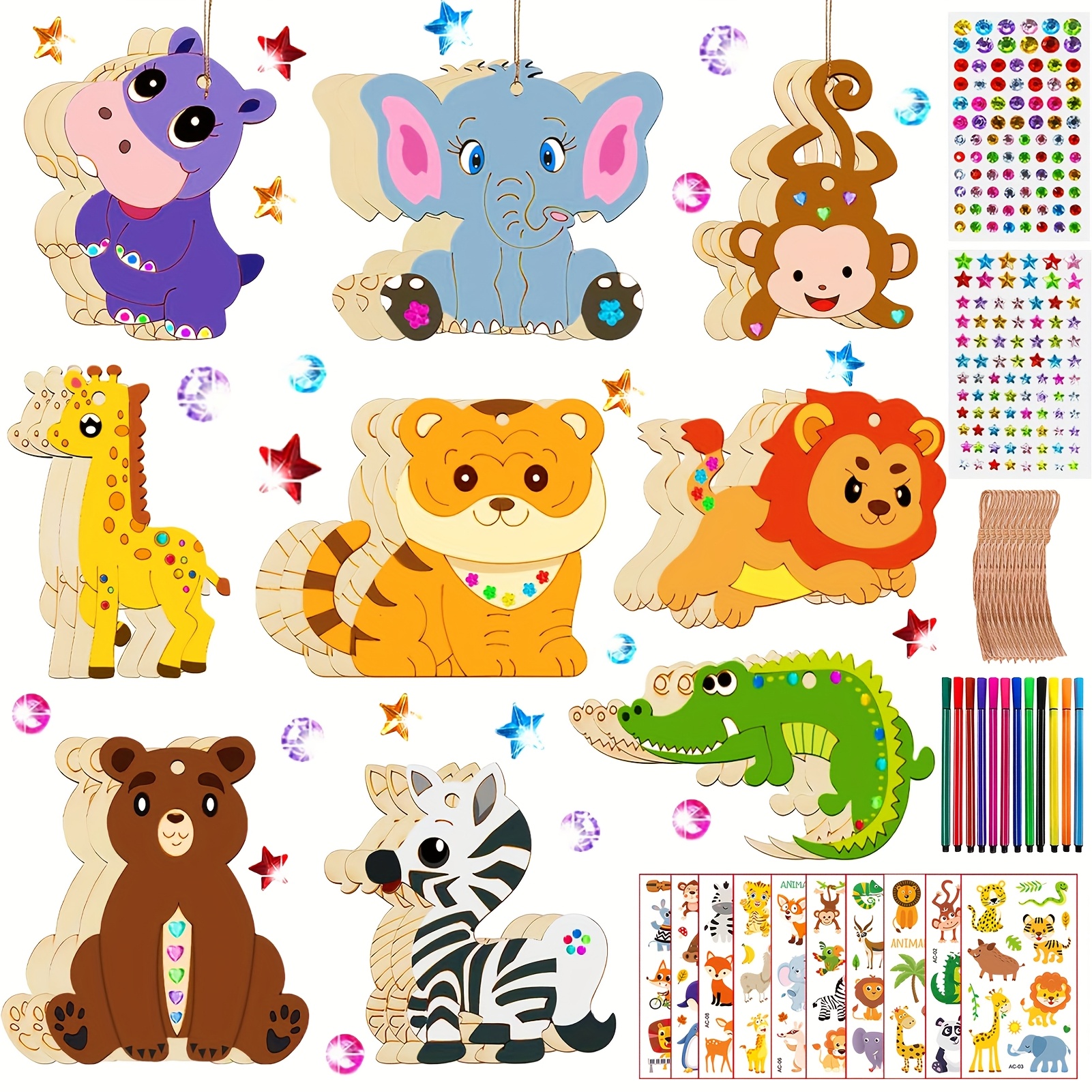 Image of 270pcs Of Wooden Animal Craft Set, Wooden Craft Kit For Kids, Birthday Party Crafts, Birthday Gifts And Creative With Pens, Rope, Rhinestones, Stickers