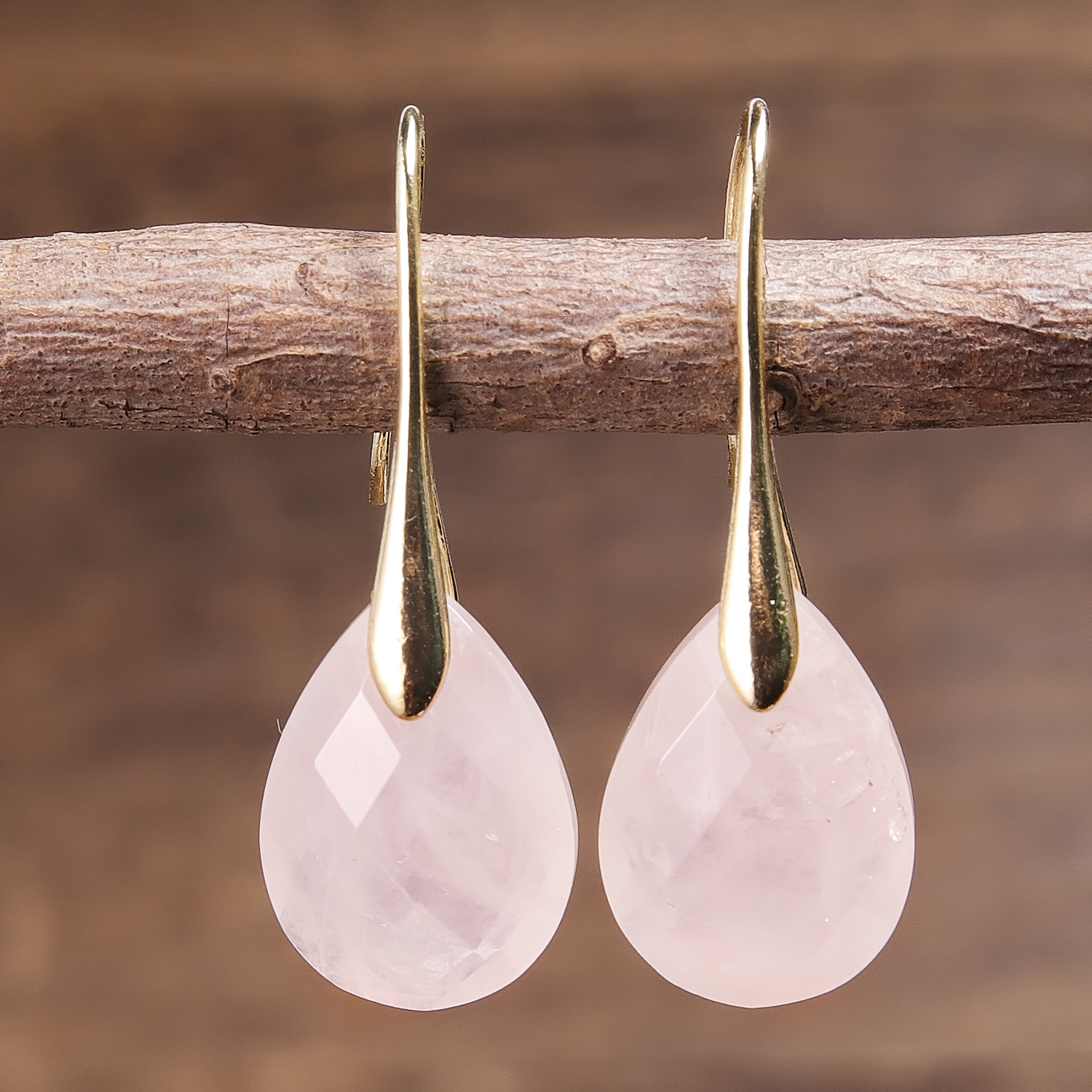 Women's Natural Pink Quartz Teardrop Dangle Earrings, Elegant