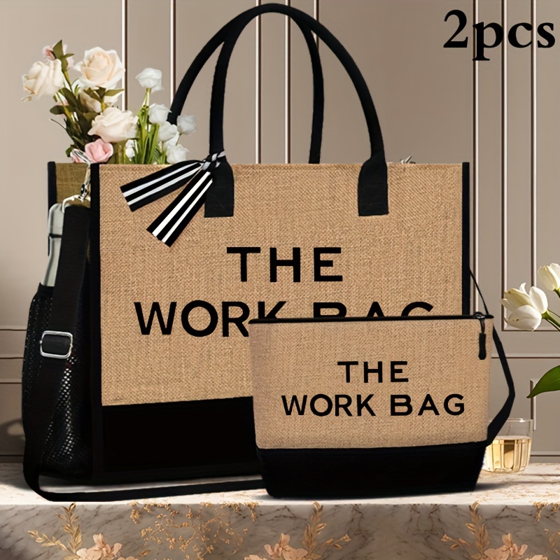 

2pcs Simple And Stylish Canvas Tote Bag With Makeup Bag, Large Capacity, Perfect For School, Work, Or Daily Use