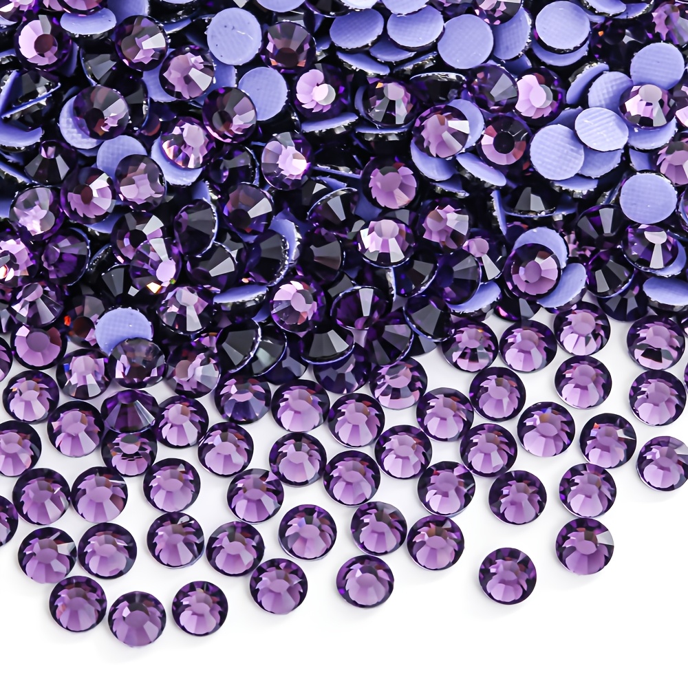 TEMU Hotfix paarse glazen strass-steentjes, ronde hittevaste platte kristallen, voor knutselaccessoires, voor hoeden, danskostuums, doe-het-zelf,