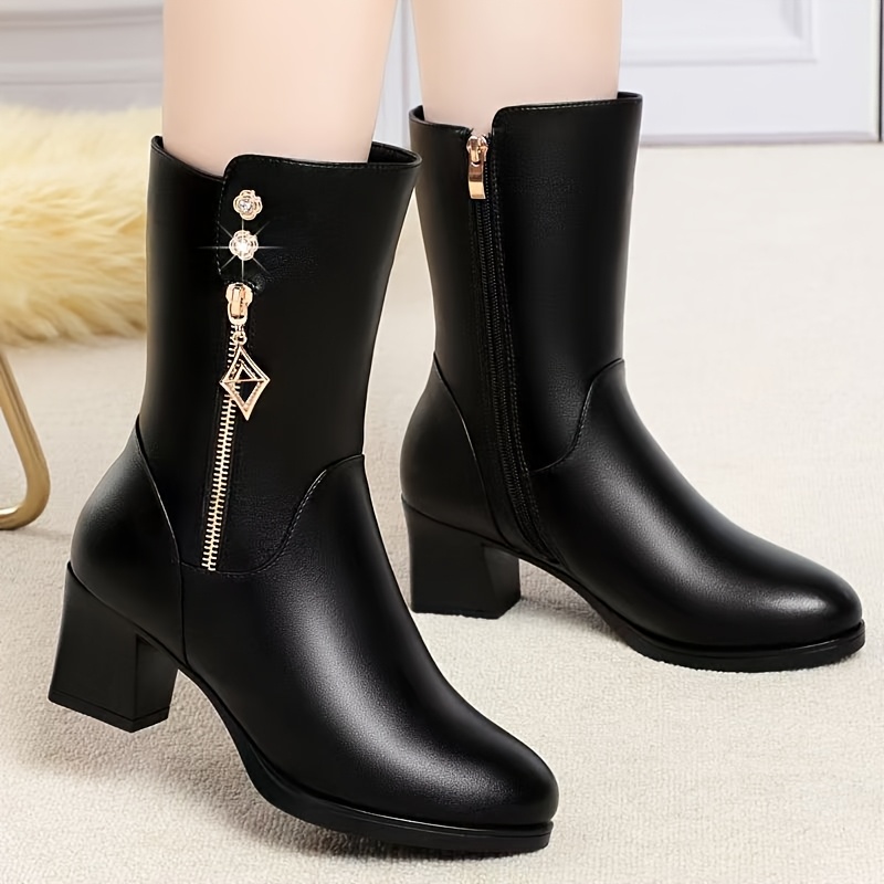TEMU Mid-calf Boots. Shoes. Fleece-lined Warm Shoes. Fashionable High-heeled Chunky Boots For Middle-aged Women. Winter Boots., Women Shoes