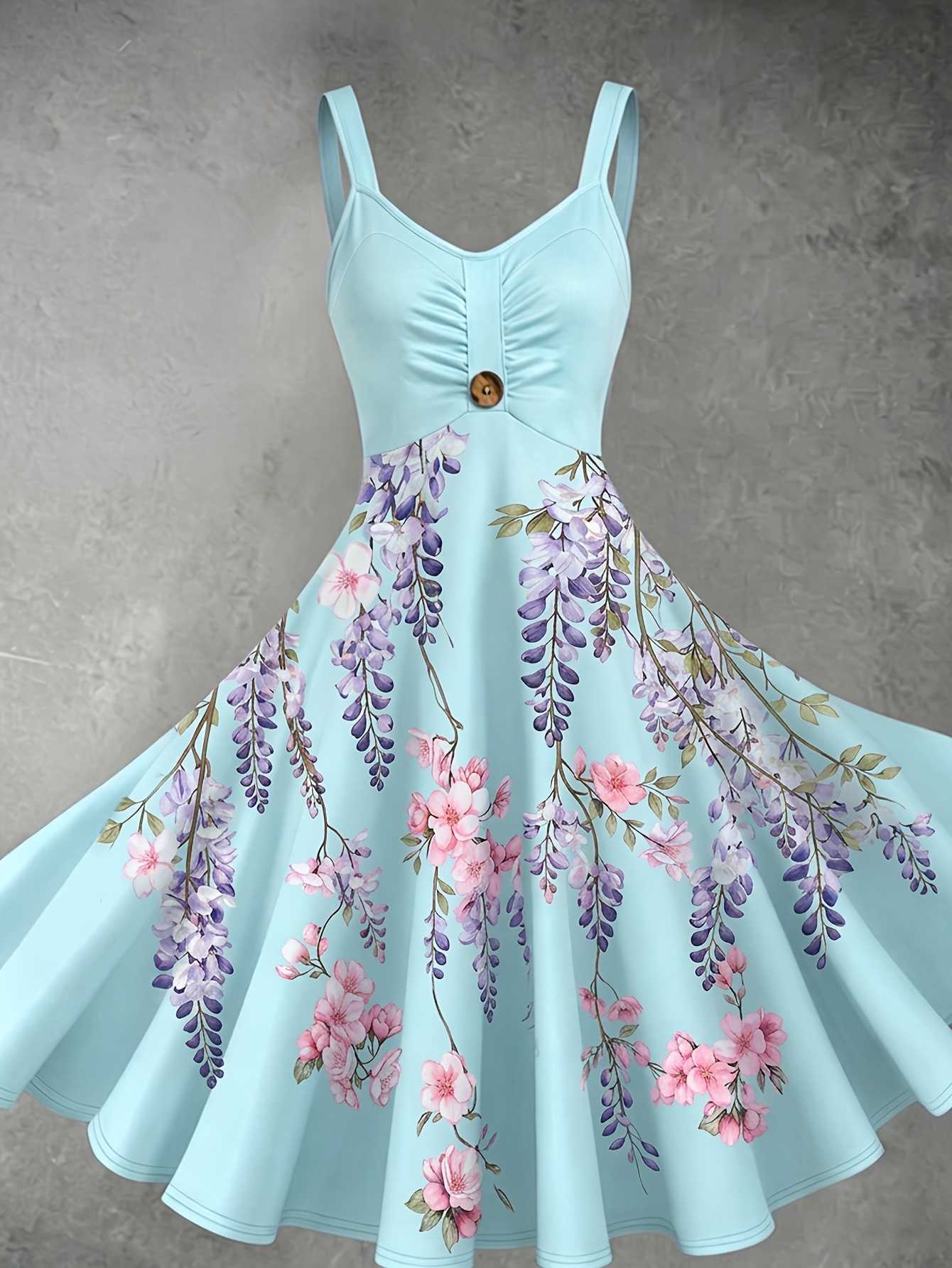 Women'S Gentle Style Wisteria Floral Print Cami Dress, Light Blue Waist-Cinching Elegant Flared Midi Dress