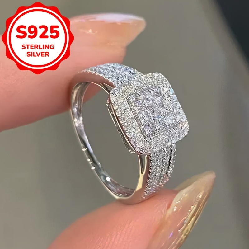 TEMU 1pc Luxury 925 Silver Double Layer Square Synthetic Synthetic Zirconia For Women, Wedding Banquet Gift Jewelry, Engagement Ring, Romantic