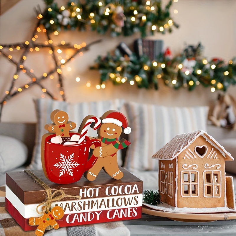 

4pcs Christmas Layered Tray Decor Set - Rustic Gingerbread & Hot Cocoa Wooden Tabletop Accents For Farmhouse Holiday Ambiance