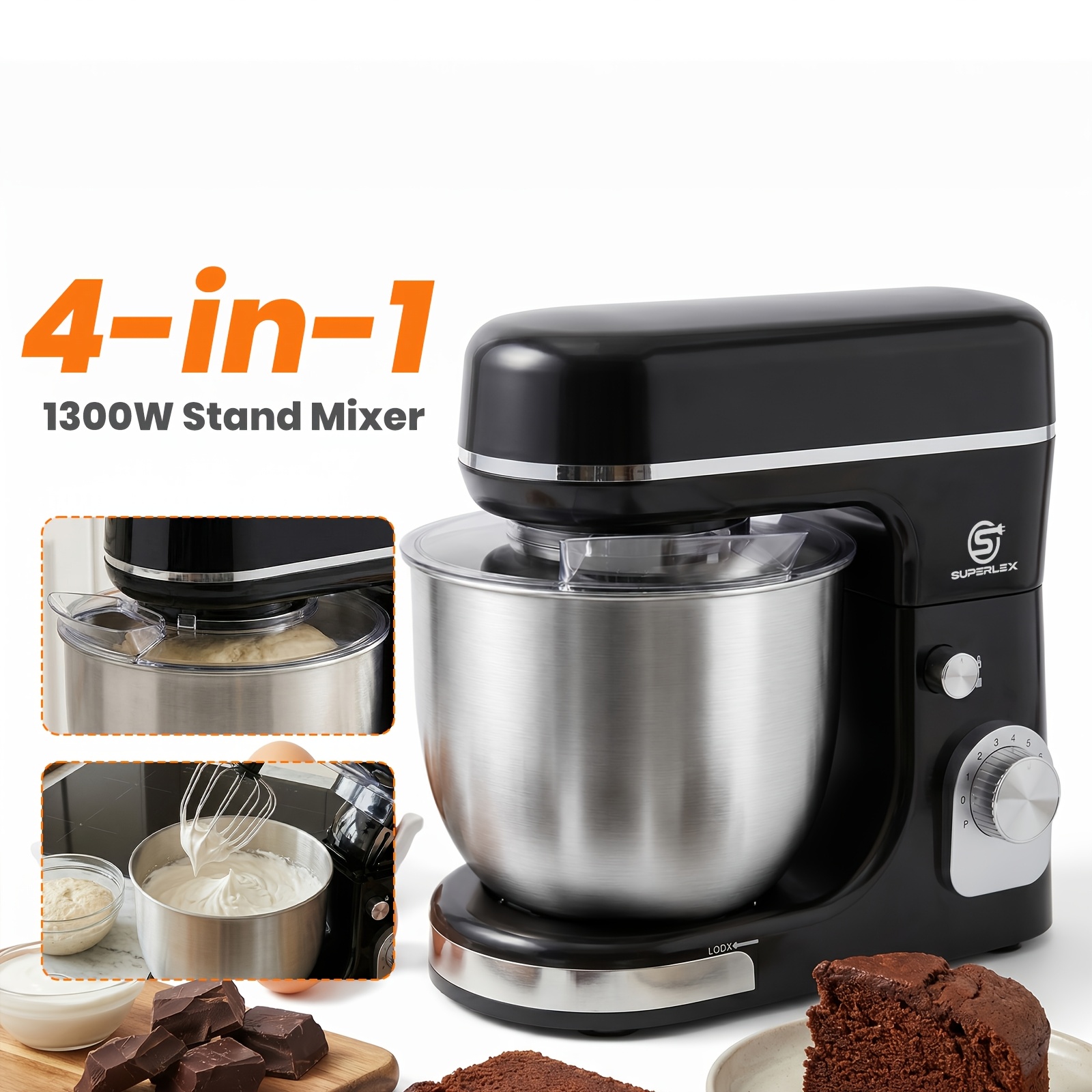 Superlex 1300w Stand Mixer, 5l Stainless Steel Mixing Bowl With Splash Guard, 8 Speed & Function Kitchen Dough Mixer, With Whisk, Beater And Dough Hook For Baking.