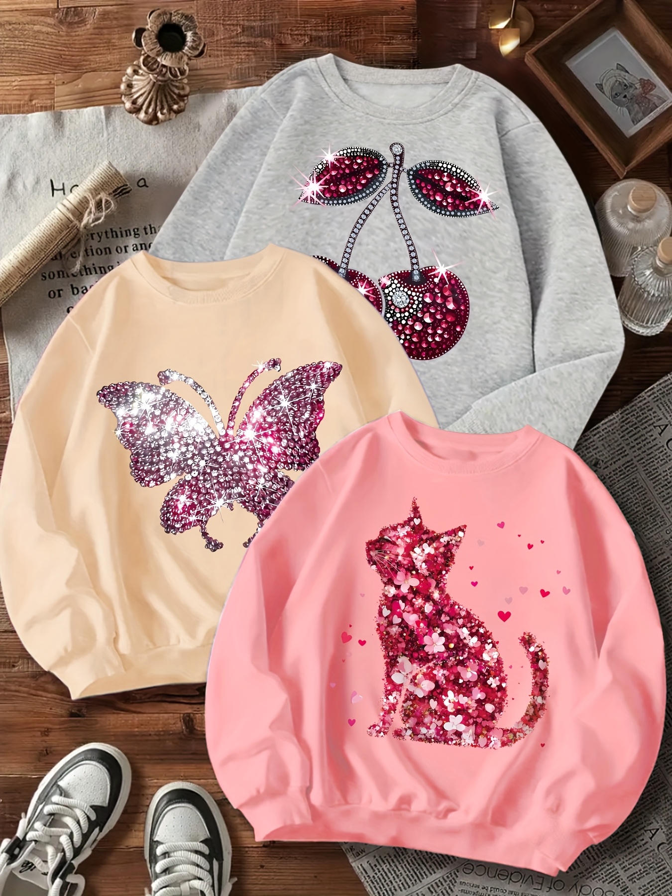 3-delige set glanzende imitatie diamantprint sweatshirts voor meisjes