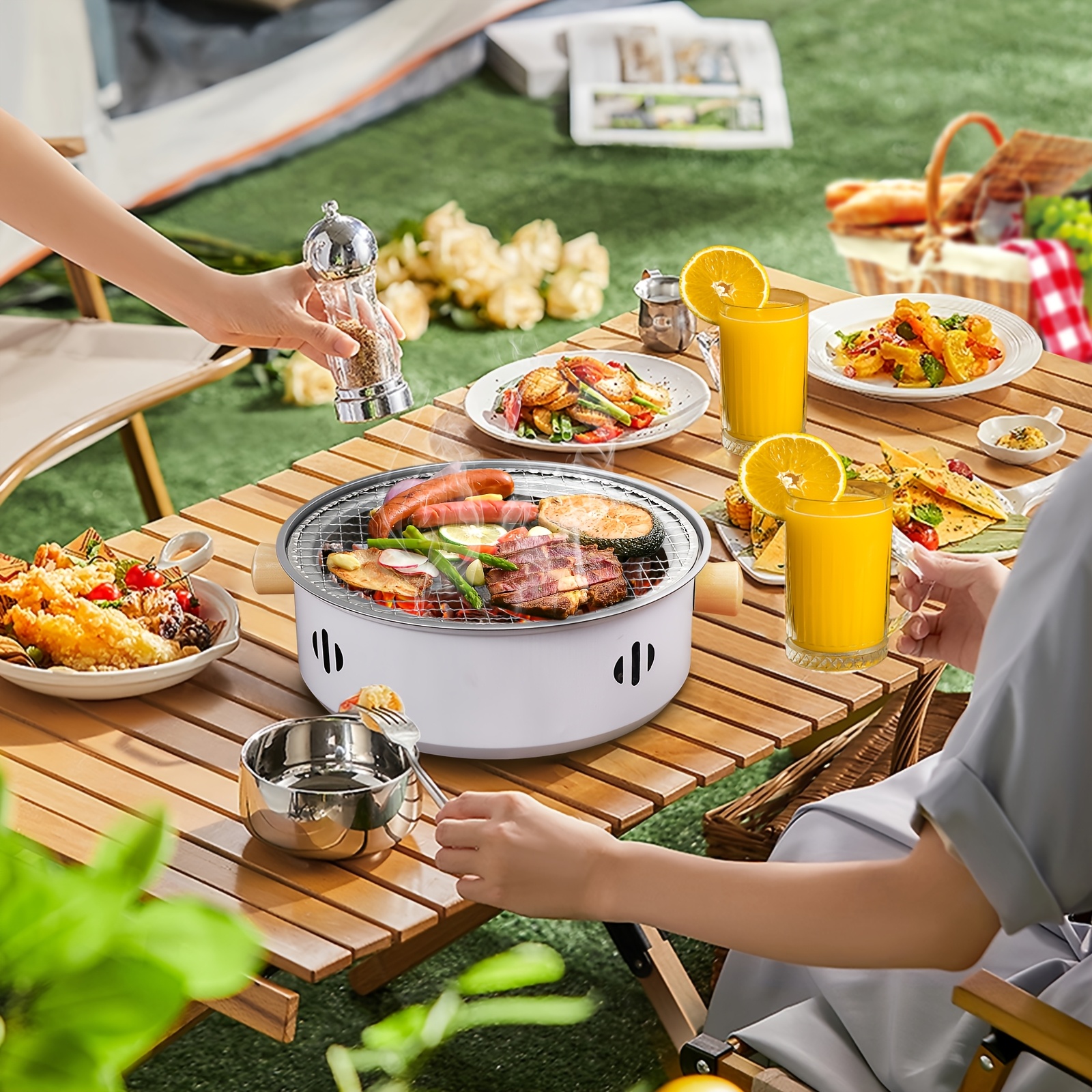 1pc Portable Smokeless Charcoal Grill - Indoor & Outdoor BBQ Cooking Stove with Grill Net & Handle, Compact Design for Camping, Picnics & Hiking - Ideal Gift for Adventurers, Perfect for Grilling Meats & Vegetables, Outdoor Cooking | Portable Design | Cast Iron Grill