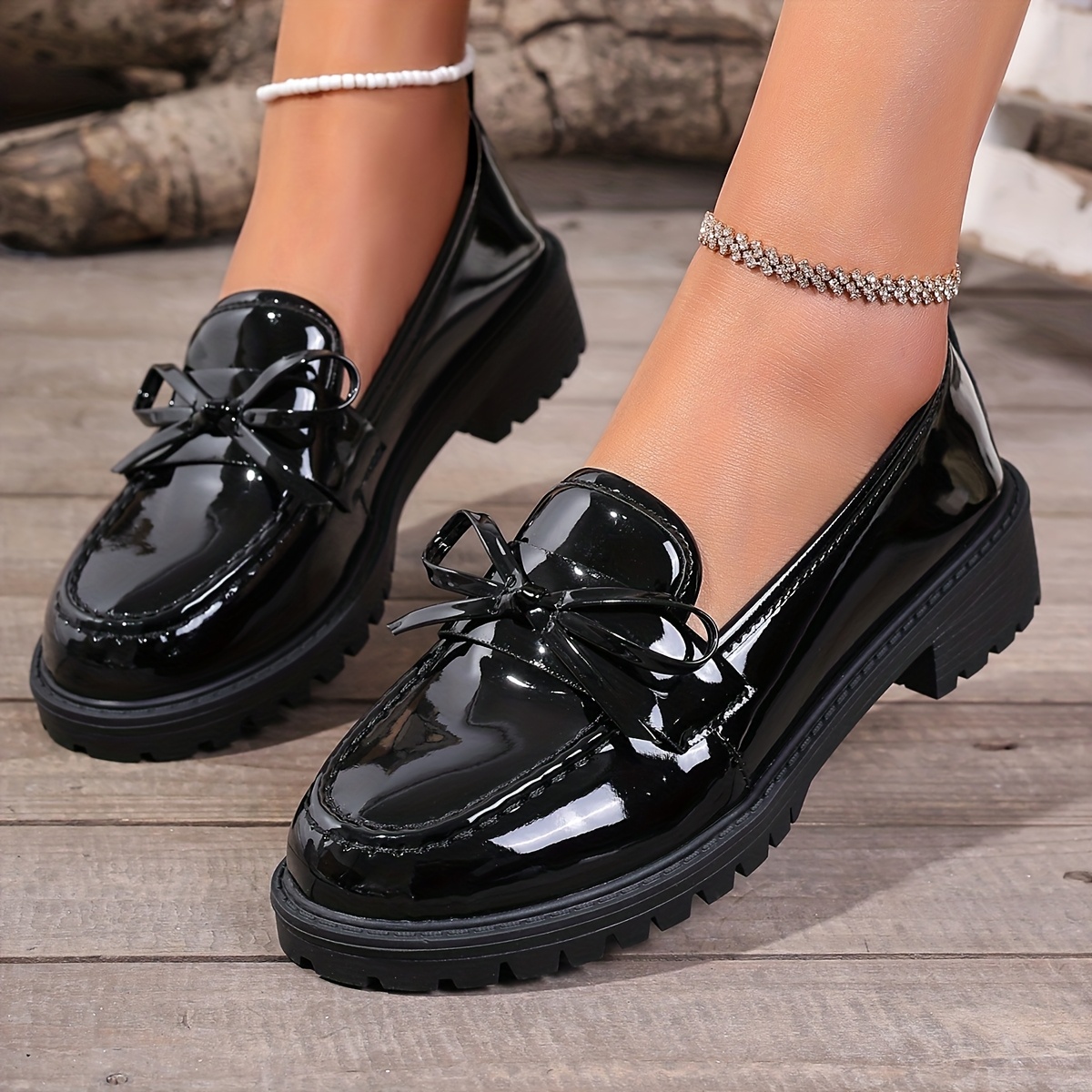 elegant black lace shoes bow detail stylish penny loafers Temu