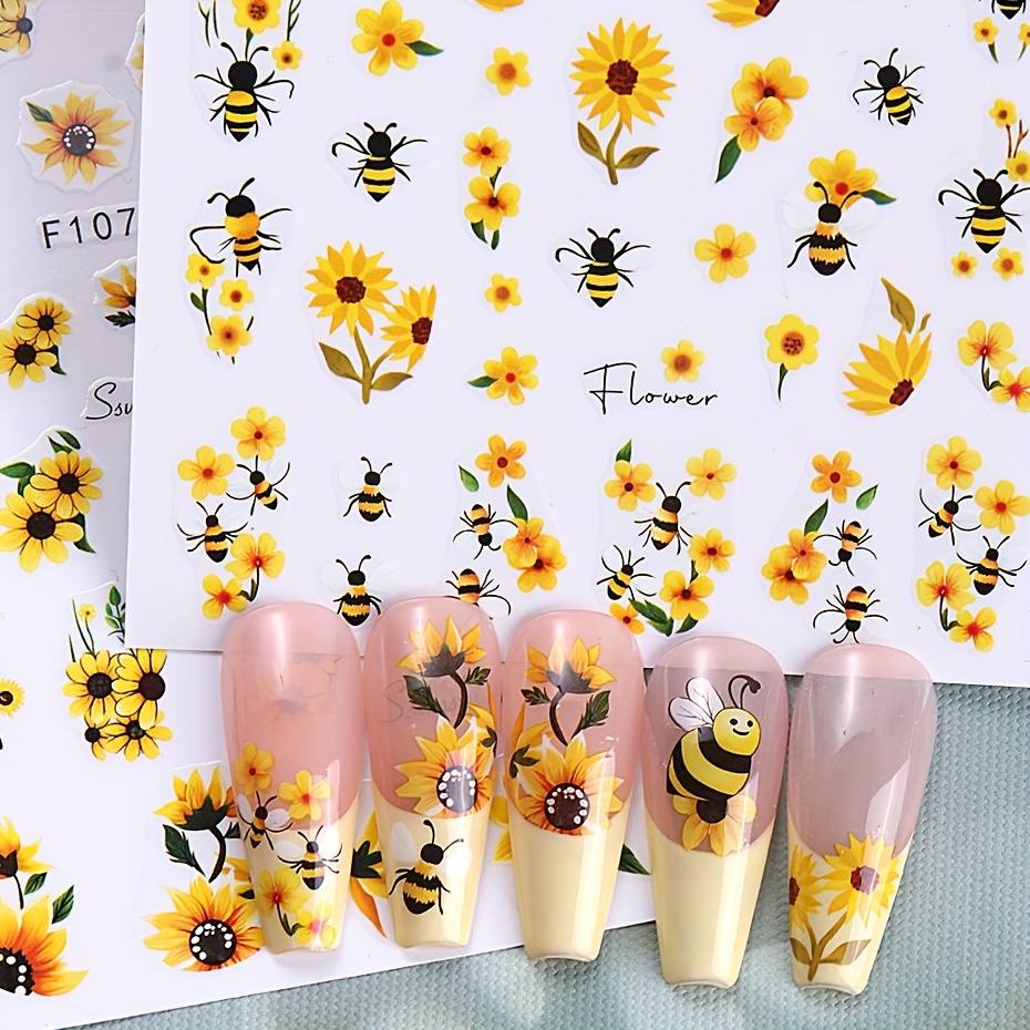 2pcs sunflower bee nail art stickers 3d self   decals for manicure sparkle     remove 4
