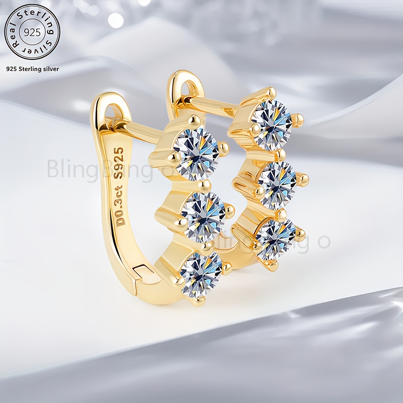 TEMU Elegant 3 Moissanite Golden Earrings For Women, 925 Silver, Plated With , Set With Moissanite, Hypoallergenic, Women's Jewelry, Elegant And