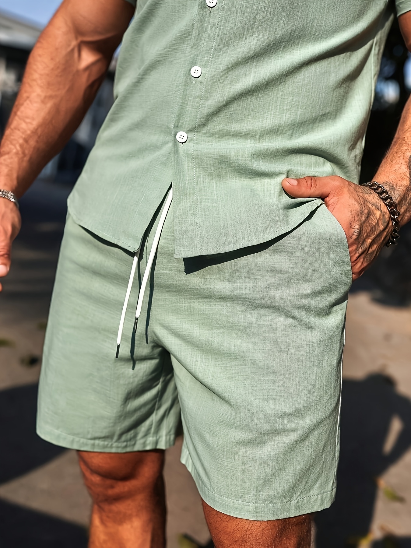 Men's Solid Color Short Sleeve Shirt And Plain Shorts Going Out Set