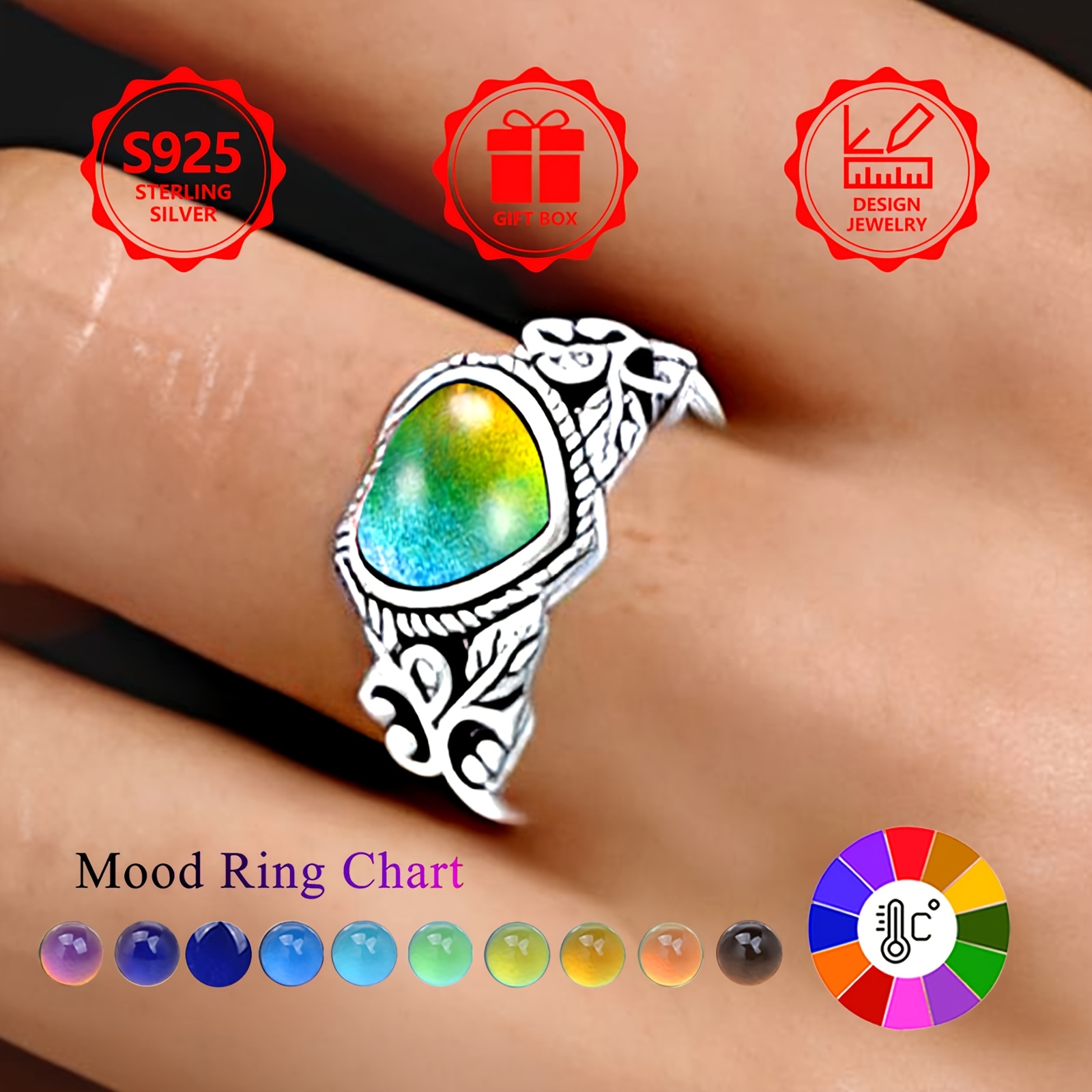 925 Sterling Silver Boho Mood Ring Heart Shape Hypoallergenic Gift