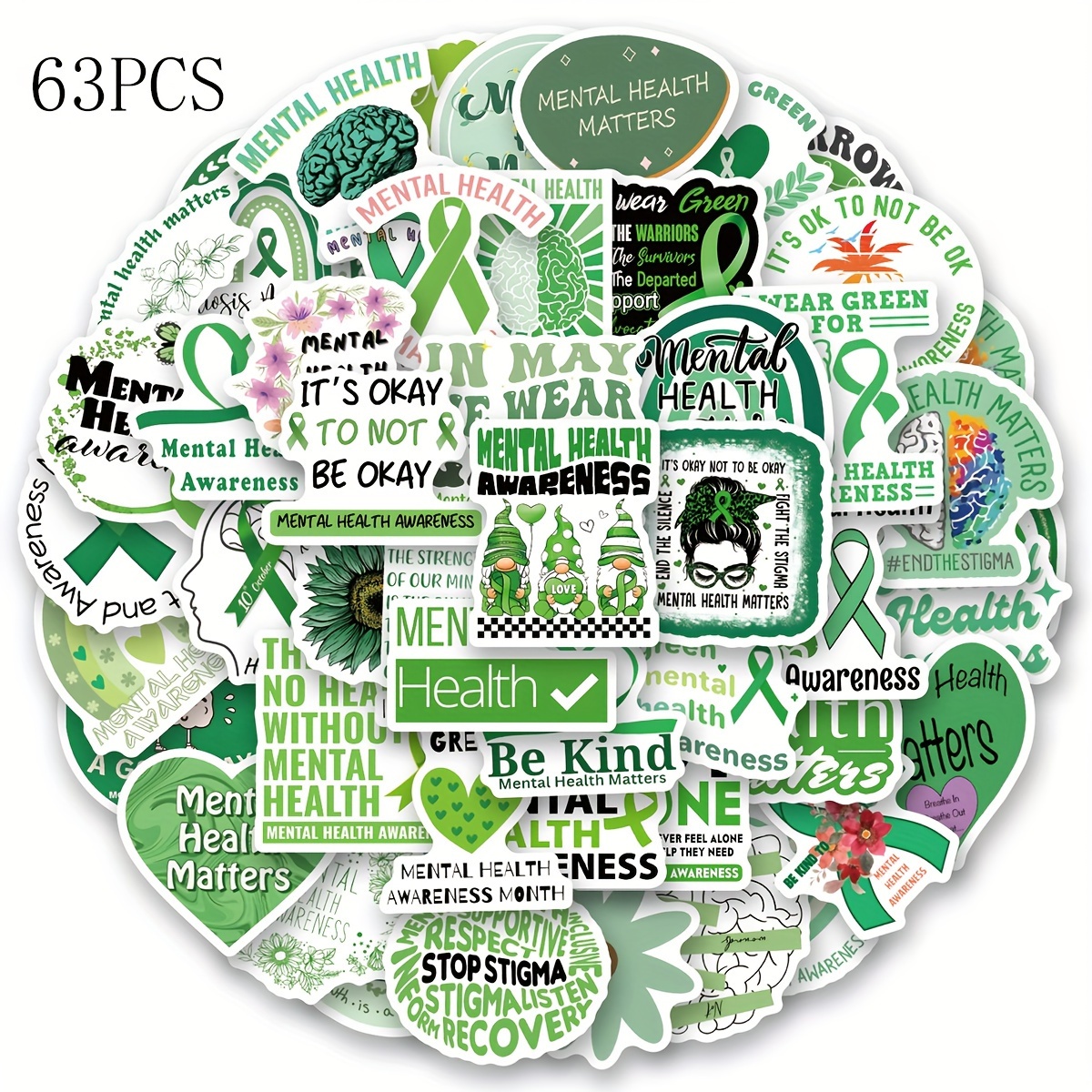 TEMU Set Of 63 Vinyl Stickers Promoting Mental Health Awareness, Perfect For Scrapbooking, Diaries, Laptops, Bumpers, Skateboards, Water Bottles,