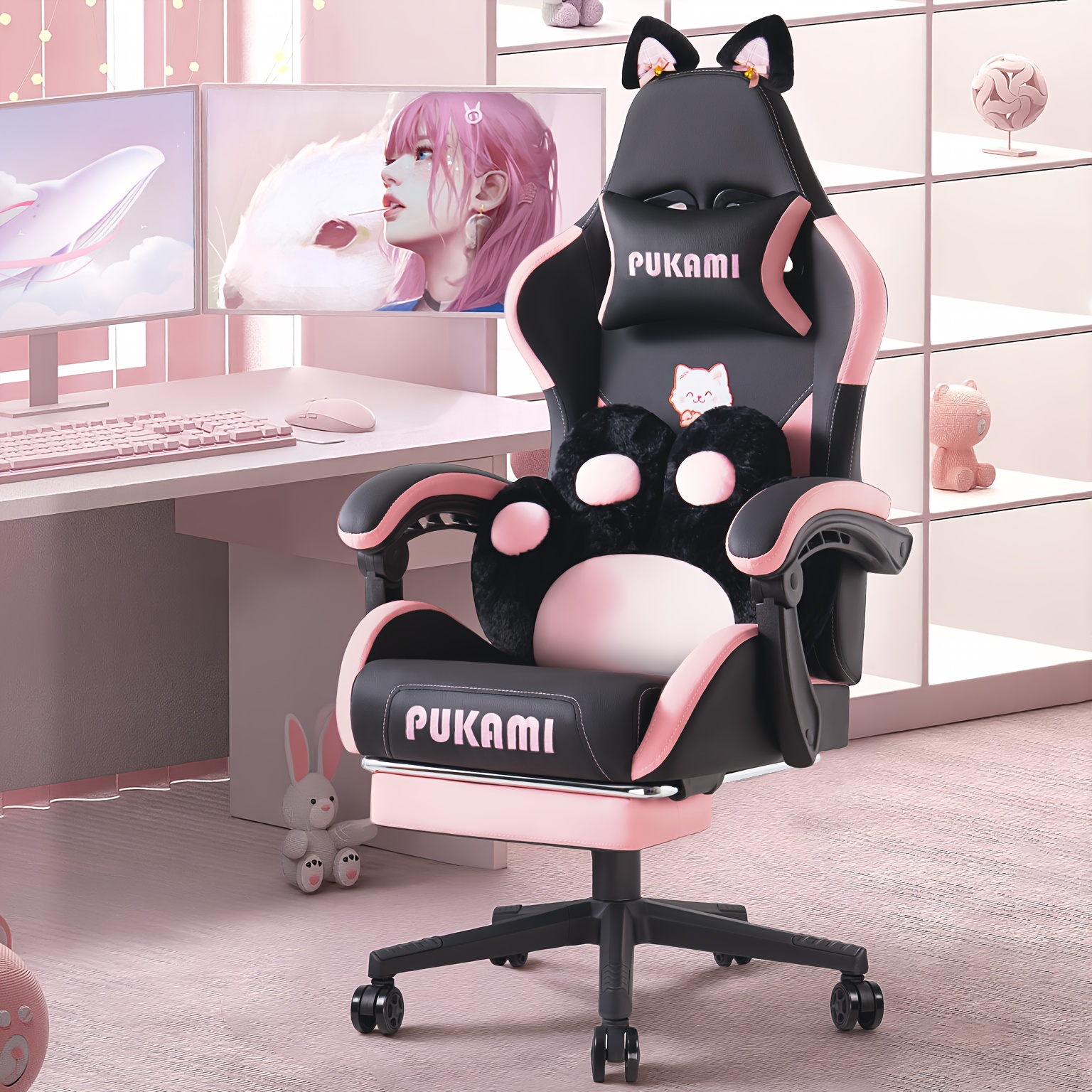 TEMU Cat Ear Gaming Chair With Paw Cushion – Ergonomic Reclining Computer Chair For Girls, Soft Plush Armrests, Adjustable Height, & Wheels, Gaming Or Office Use, Game Chair
