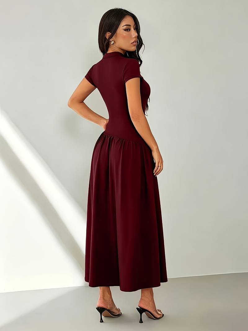 Women's Solid Color Stand Collar Puff Sleeve Pleated Long Casual Dress, Summer Dress
