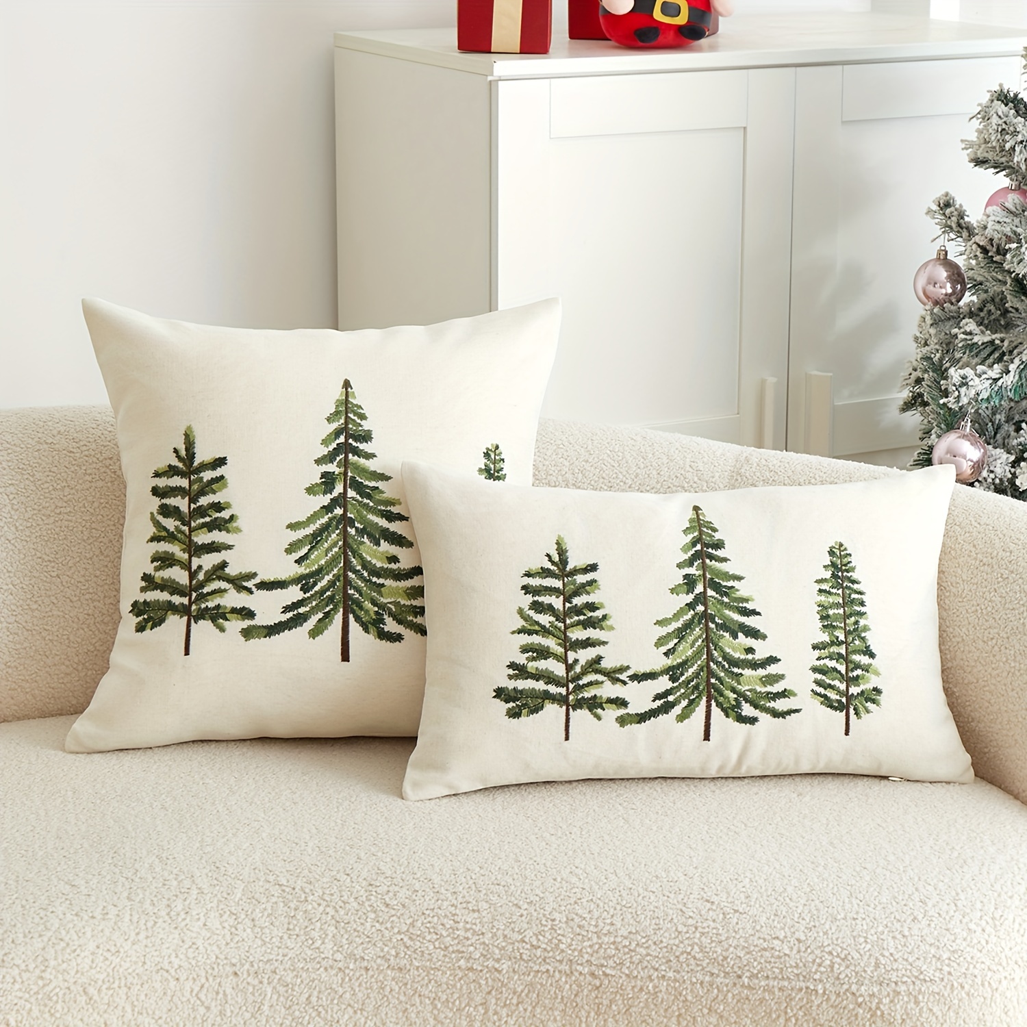 

1pc Housse de Coussin Brodée Arbre de Noël Vert - Parfaite pour la Décoration de Noël à , Lavable en Machine, Fermeture Éclair, Mélange de Lin, Noël, Taie d'Oreiller en Lin, Broderie, Décoration de