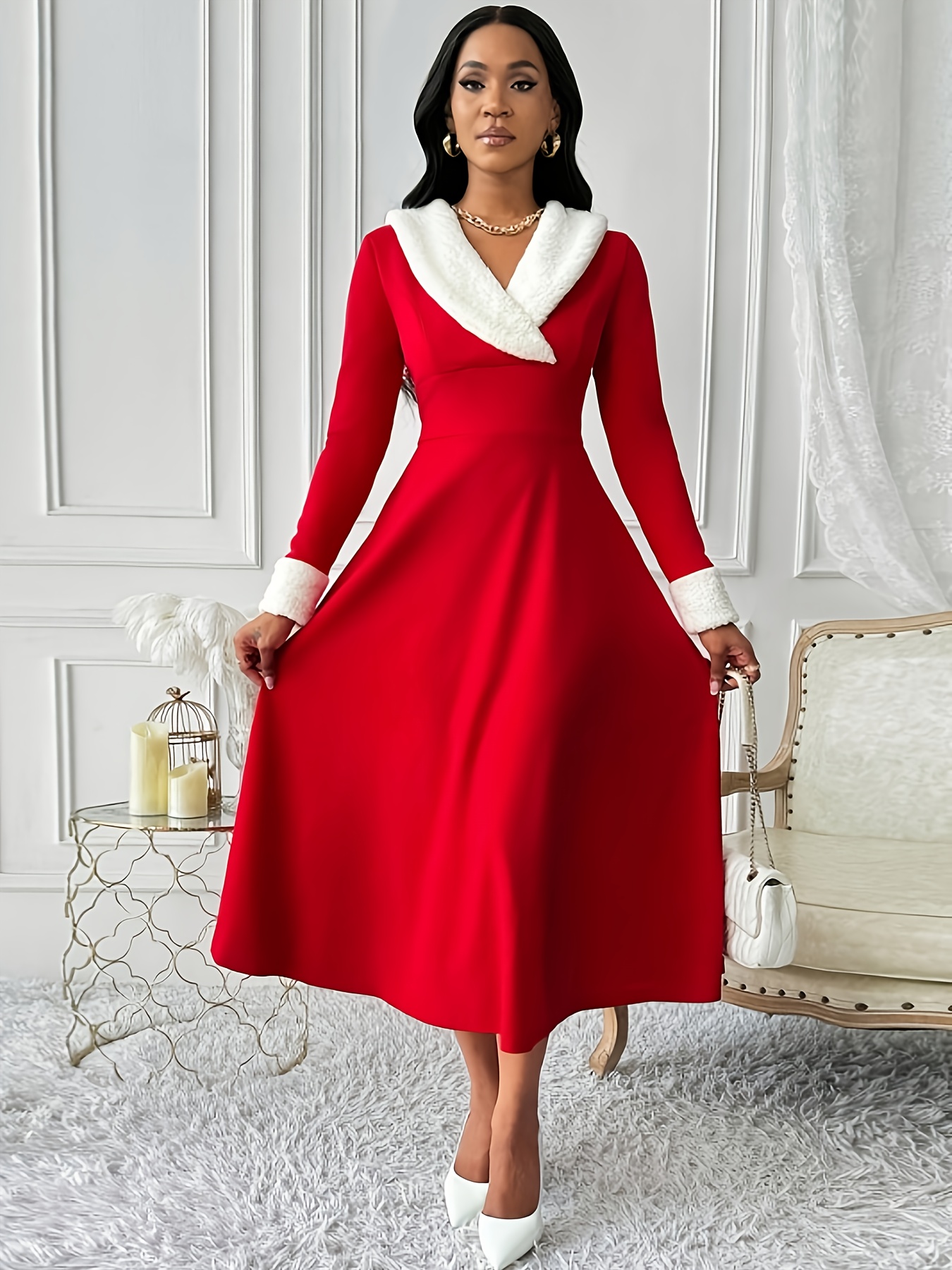 autumn winter long sleeve solid color contrast plush party Temu