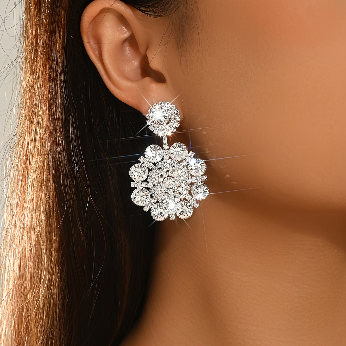 Women's Vintage Snowflake-Shaped Rhinestone Earrings, Holiday Party