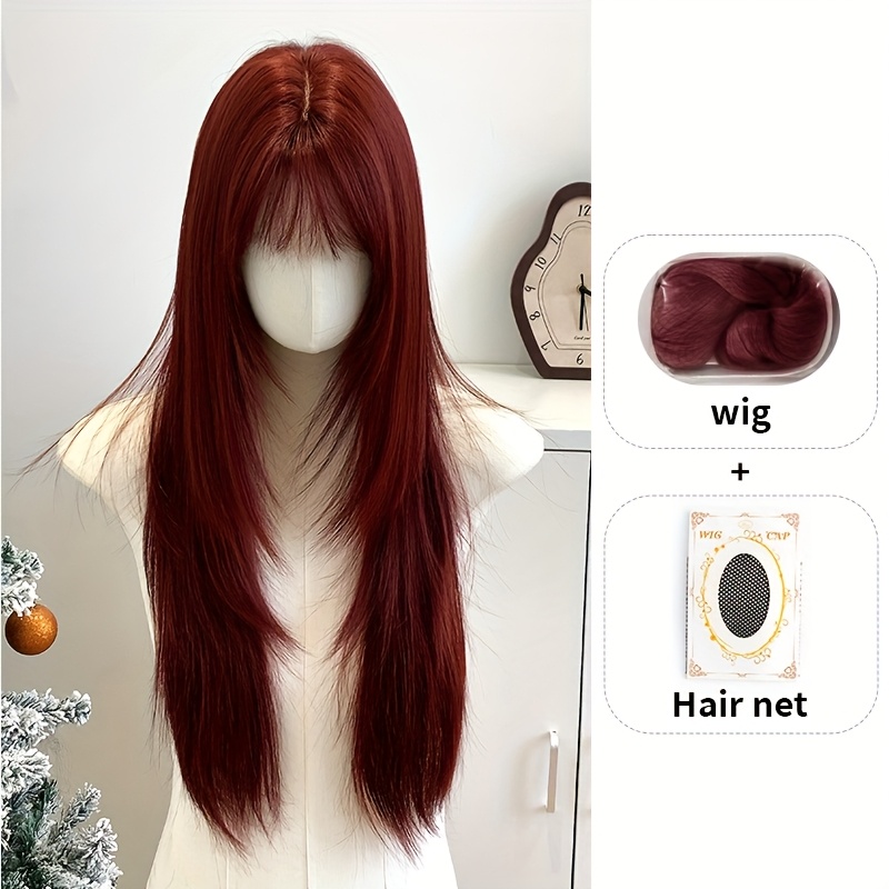 TEMU Ensemble [Perruque + Bonnet à Cheveux] Perruque Rouge 30 pouces, Fabriquée à avec des Coiffures Élégantes à Couches, Fabriquée à partir de Mate