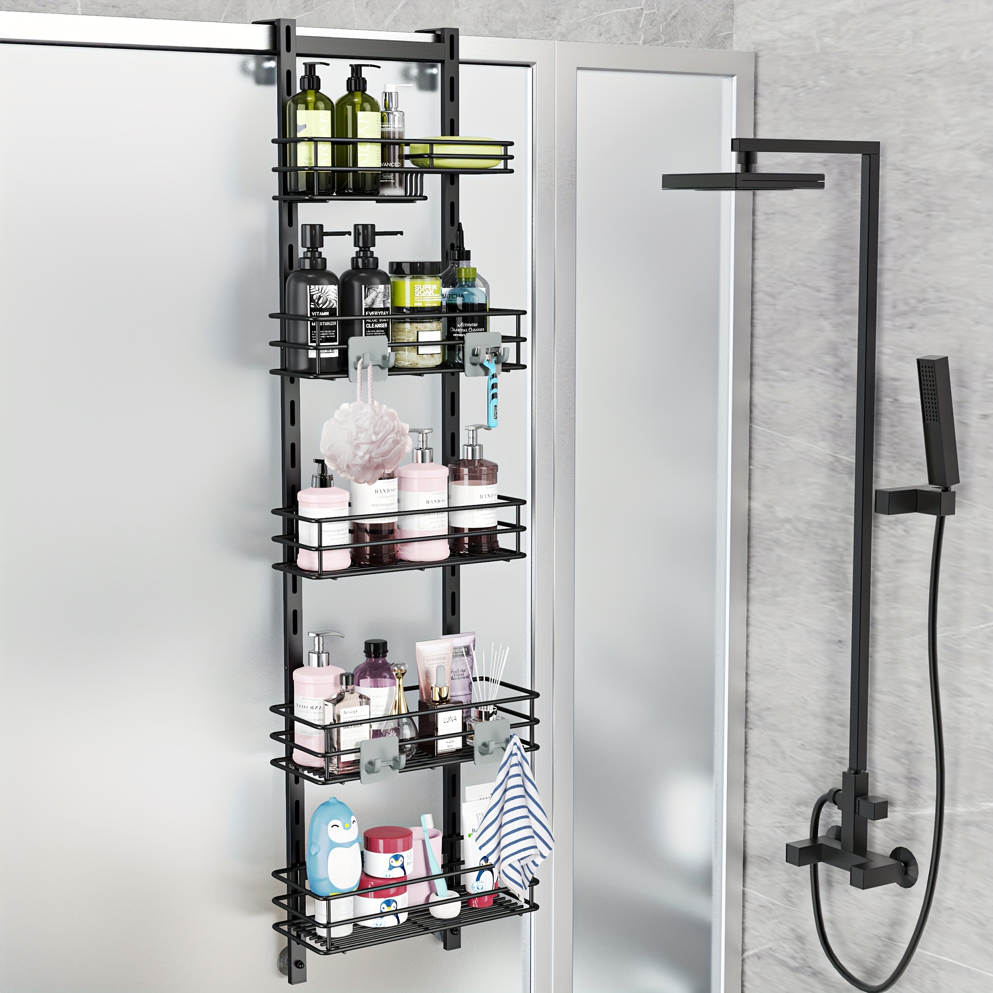 

1pc Black Adjustable 5-layer Shower Basin, Bathroom Hanging Storage Rack, Rust-proof With 4 Hooks, Shower Basket With Soap Holder And Suction Cup