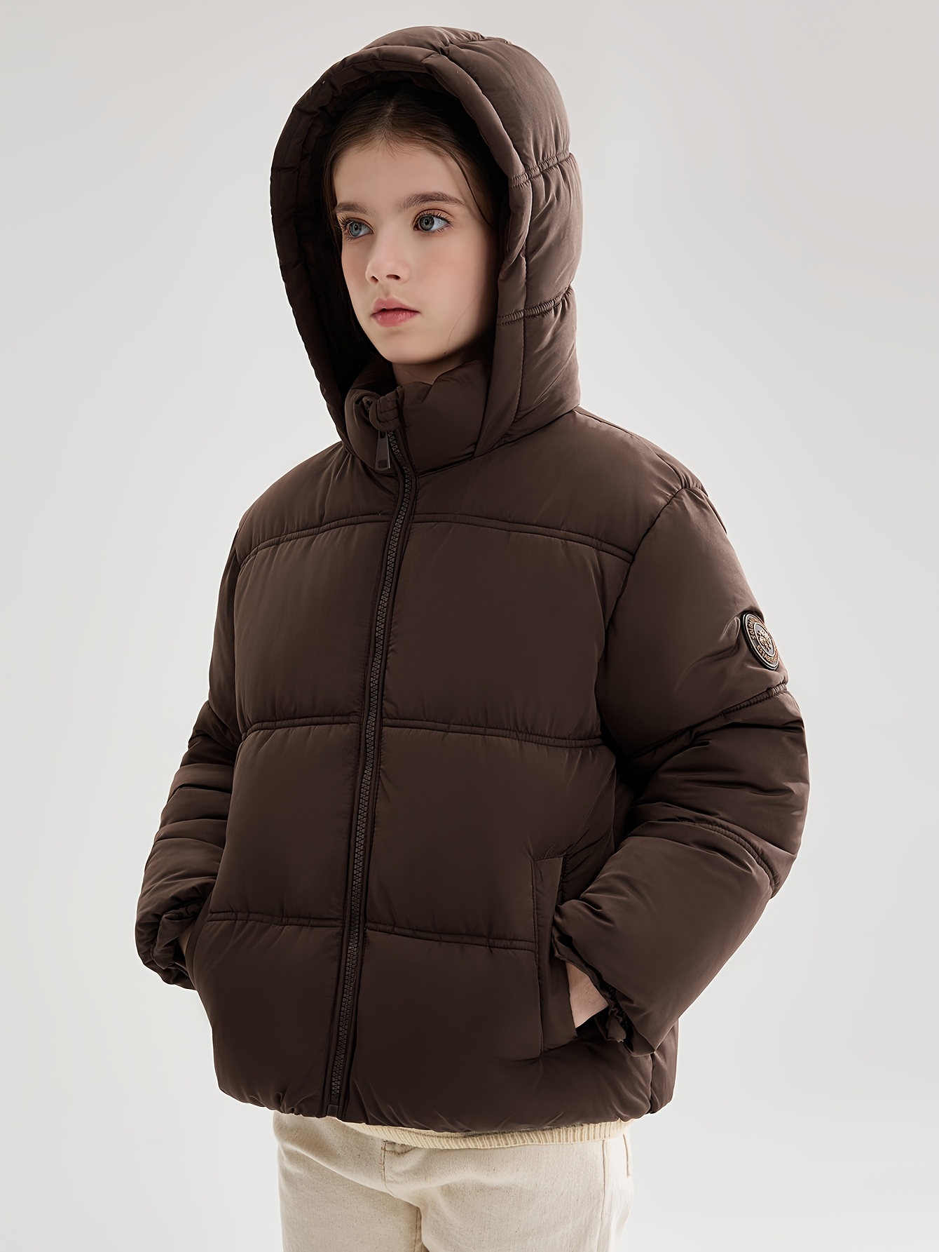 Girls' Solid Color Hooded Jacket for Autumn/Winter