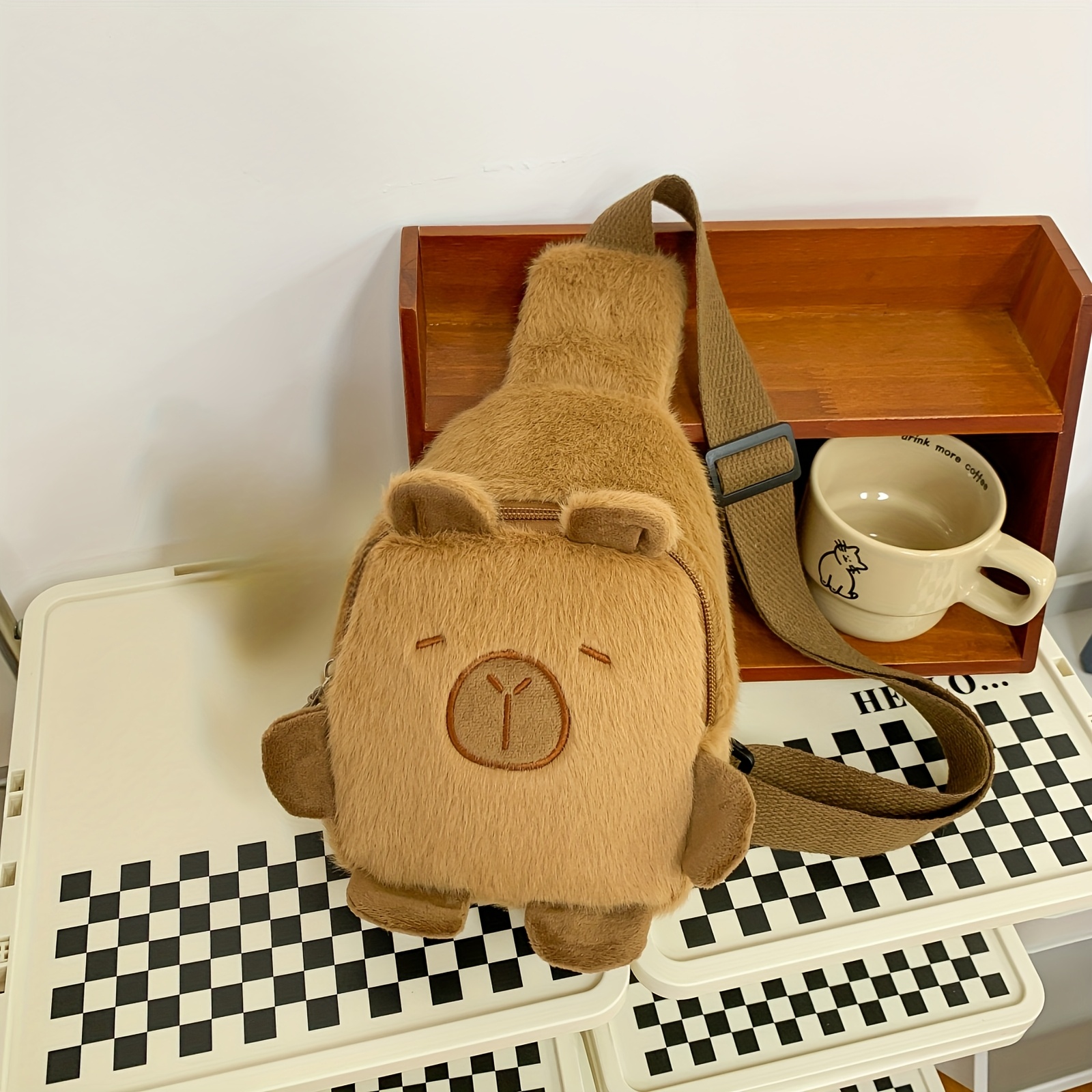 

Chic Cartoon-themed Plush Crossbody Bag For Women - Comfortable, & Portable With Zip Closure - Light Brown