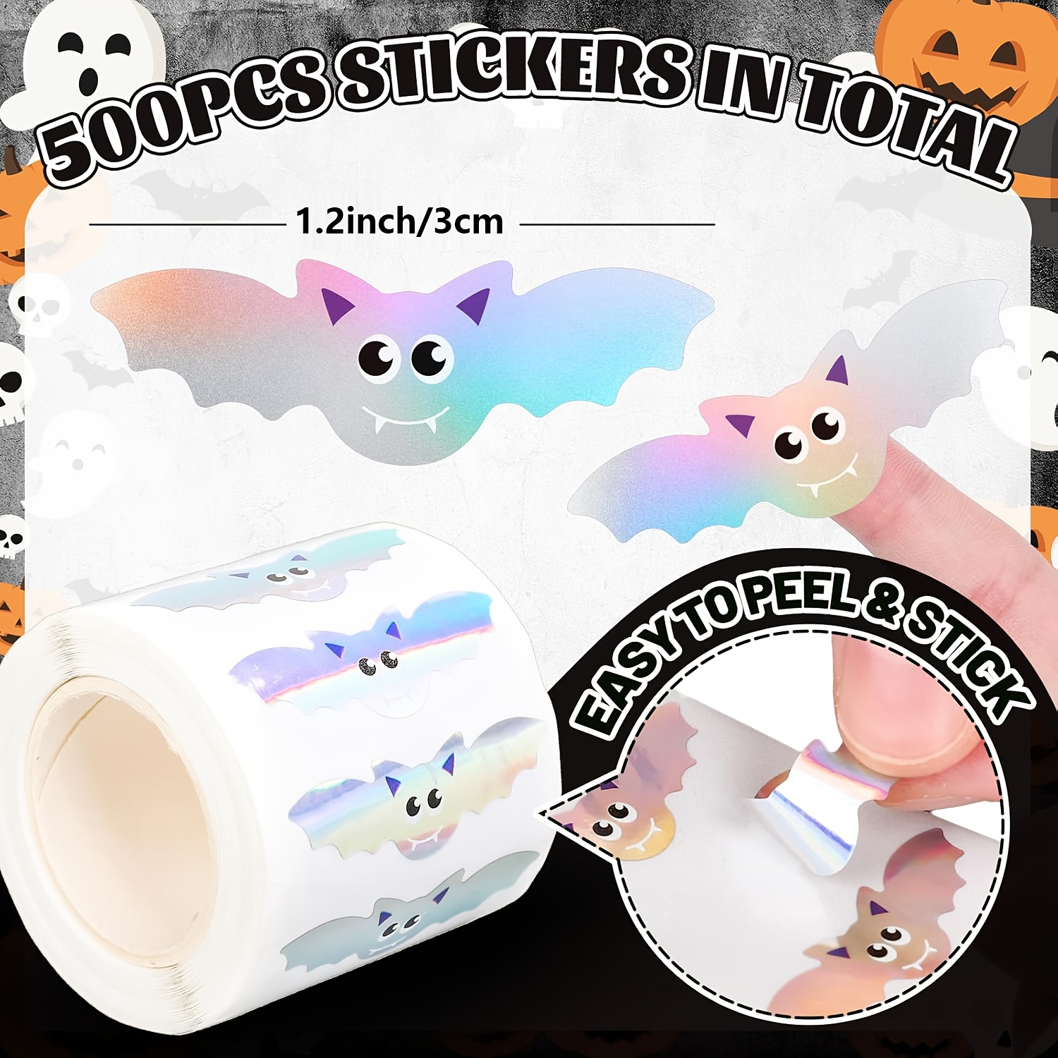 Image of 500pcs 1.2in/3cm Halloween Cartoon Cute Bat Shaped Waterproof Stickers Orange Shimmer Label Stickers Halloween Party Envelope Decoration Packaging Label Stickers Shimmer Bat Sticker Roll