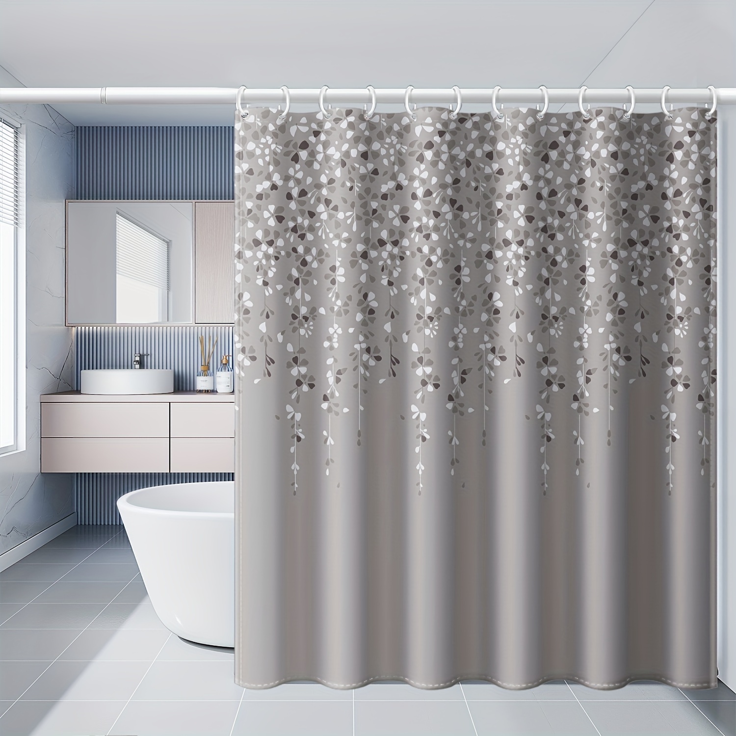 

1pc Gray Floral Pattern Shower Curtain With Hooks, Waterproof Bathroom Partition Curtain, Bathroom Accessories, Home Decor