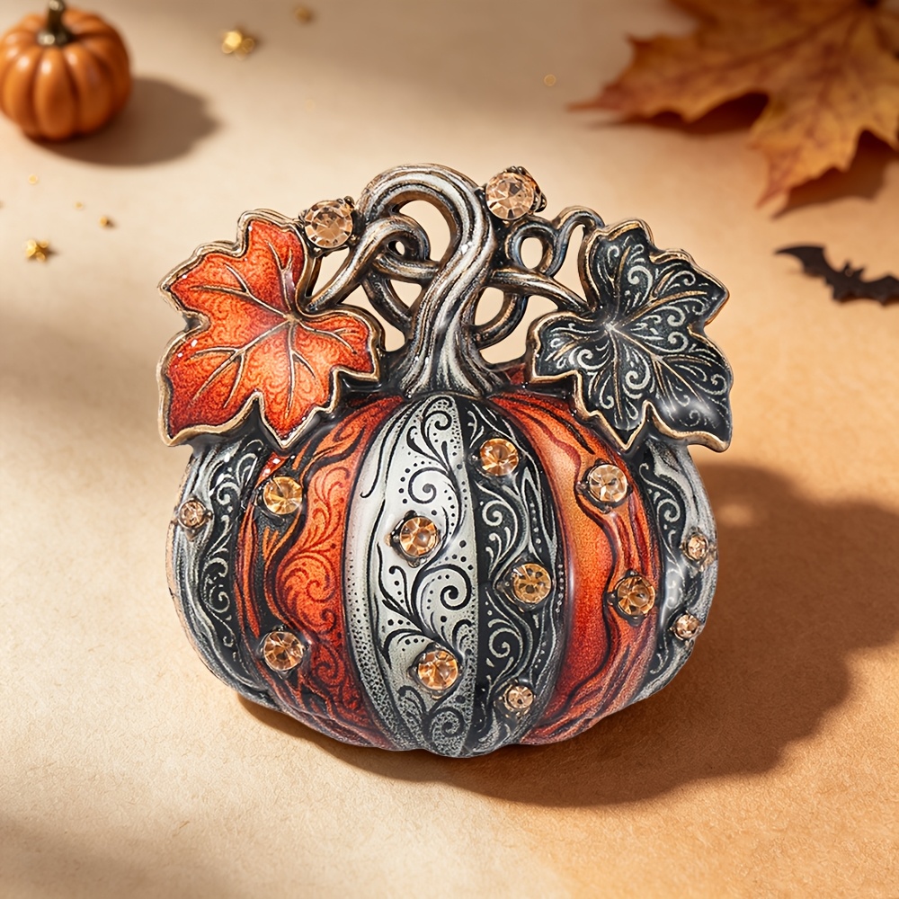 TEMU Rhinestone-encrusted Painted Carved Halloween Pumpkin Enamel Brooch, Distressed Vintage Maple Leaf Stem Pumpkin Pin Accessory, Suitable For